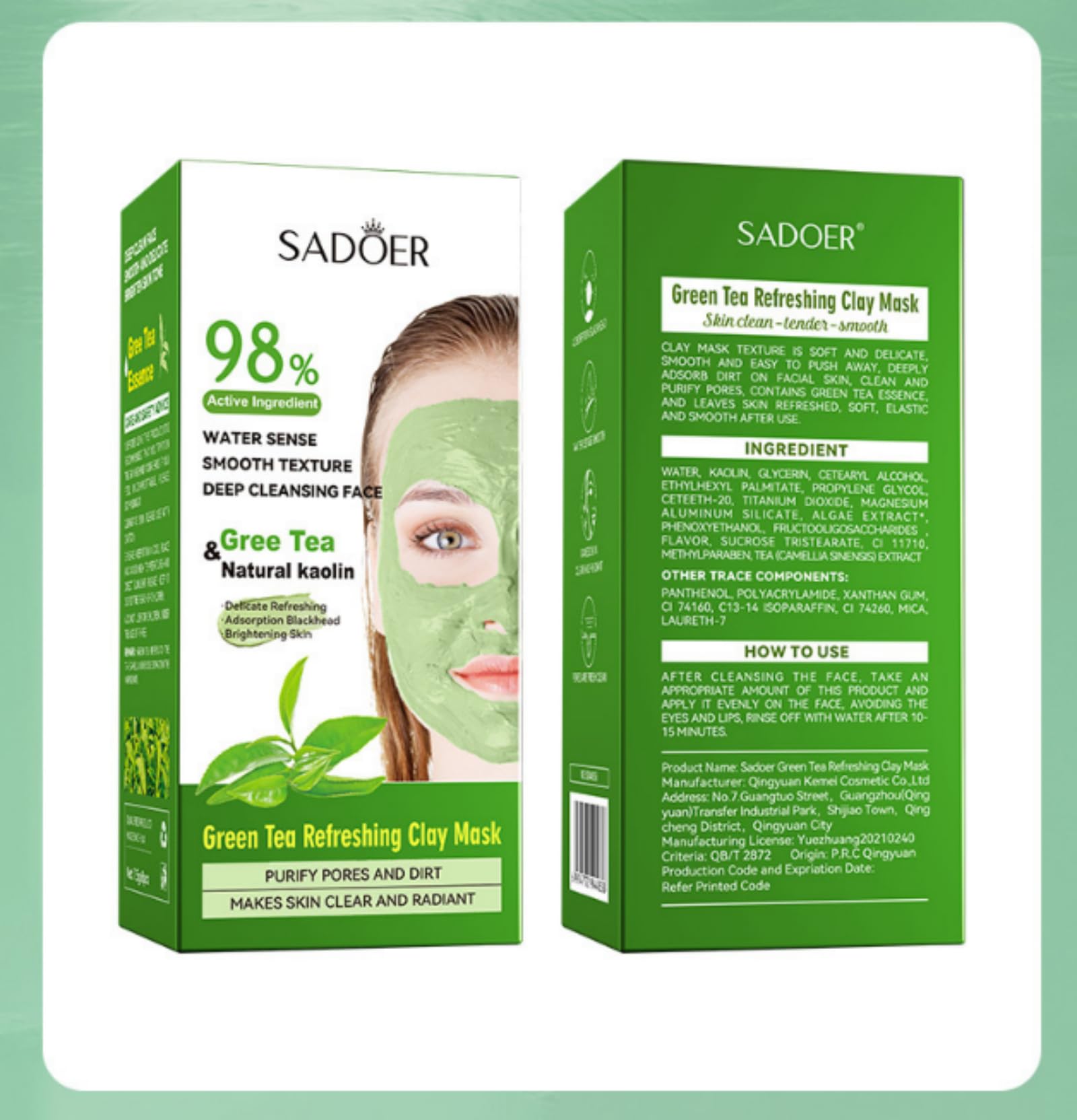 SADOER Green Tea Clay Mask for Deep Cleansing & Detoxifying - 8 Pack x 7.5g Natural Kaolin Facial Treatment | Perfect for Acne, Blackheads & Oily Skin Care Routine