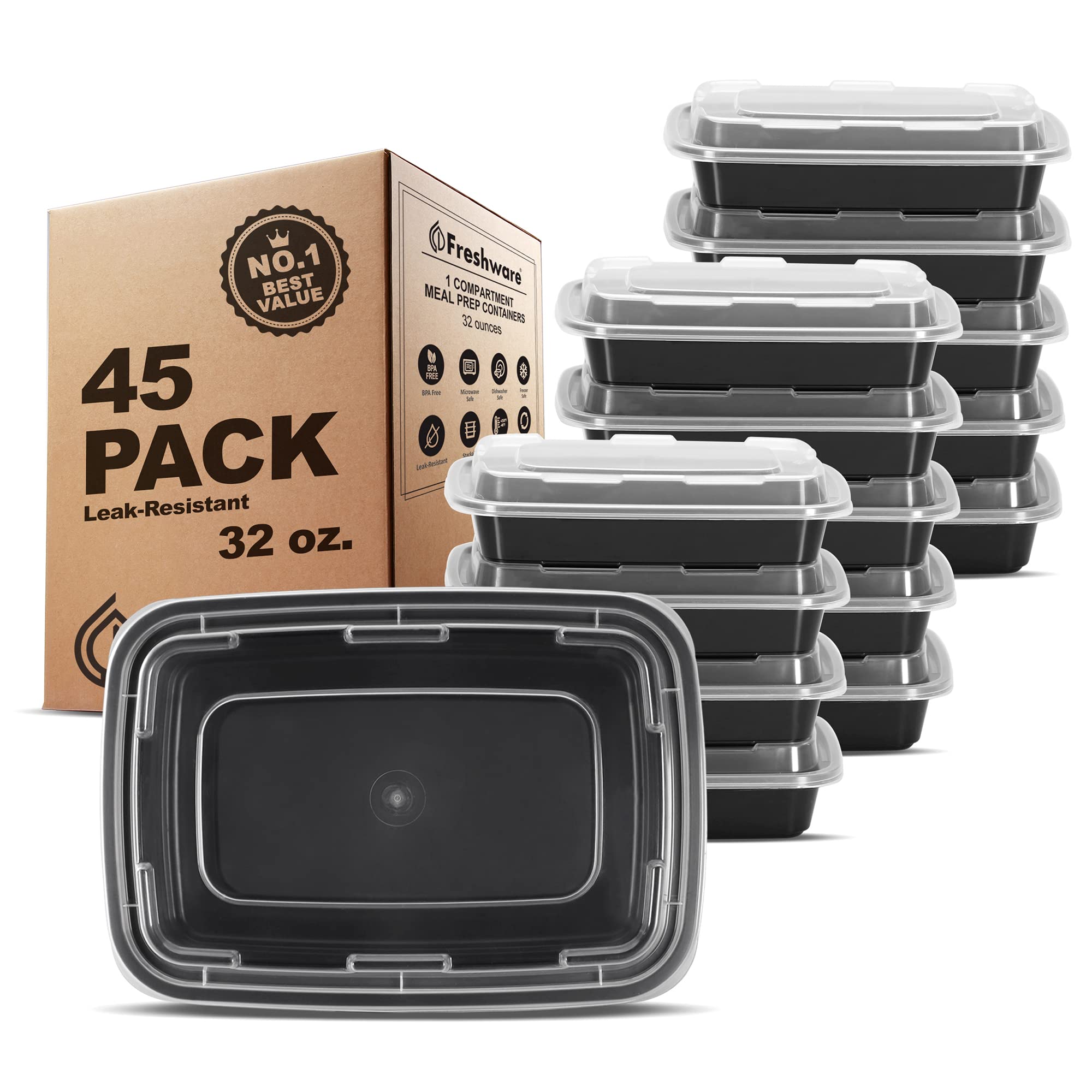 Freshware 45-Pack Meal Prep Containers with Lids - 32 oz Bento Box Food Storage Containers, Stackable, Microwave & Dishwasher Safe - Perfect for Meal Prepping, Lunches, Leftovers & Office Snacks