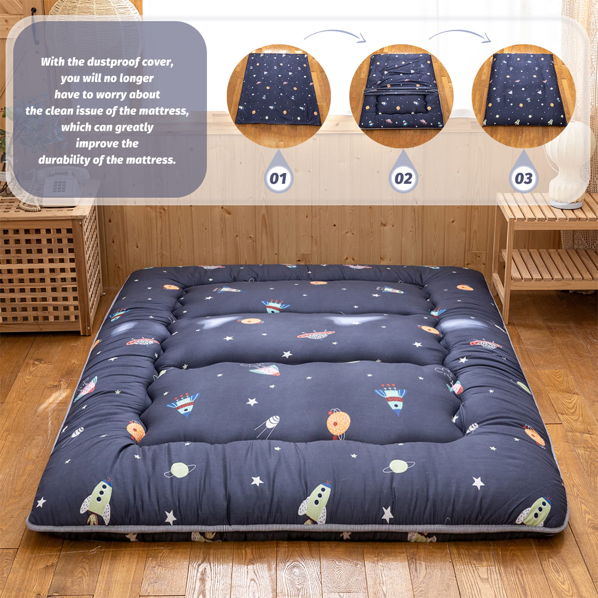 YOSHOOT Navy Blue Japanese Thick Foldable Futon Floor Mattress for Adults - Full Size Space Saving Floor Bed with Canvas Storage Bag - Perfect for Camping, Guest Beds & Small Apartments