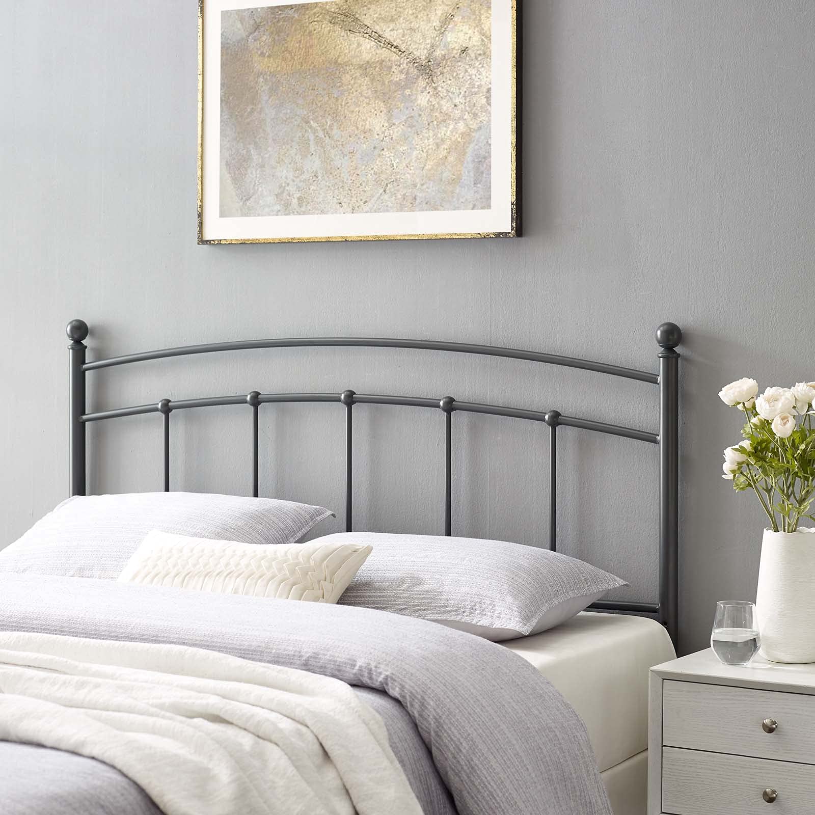 Full Size Metal Headboard in Grey - Modern Contemporary Urban Design for Master & Guest Bedrooms - Perfect for Home Decor & Stylish Bedroom Upgrade