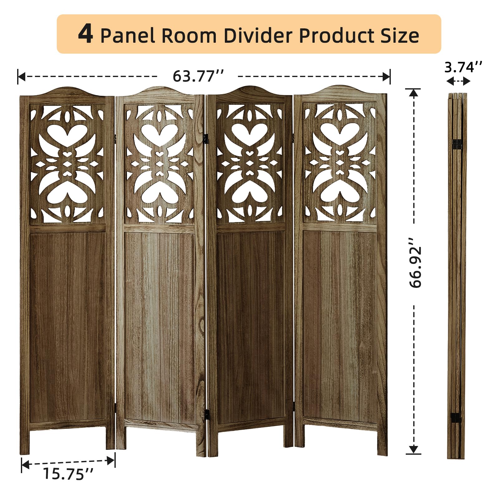 4 Panel Wood Room Divider - 5.6Ft Folding Privacy Screen with Carved Design | Freestanding Partition for Bedroom, Home Office & Living Room | Portable Space Divider in Brown Finish | Perfect for Room Separation, Privacy & Home Decor