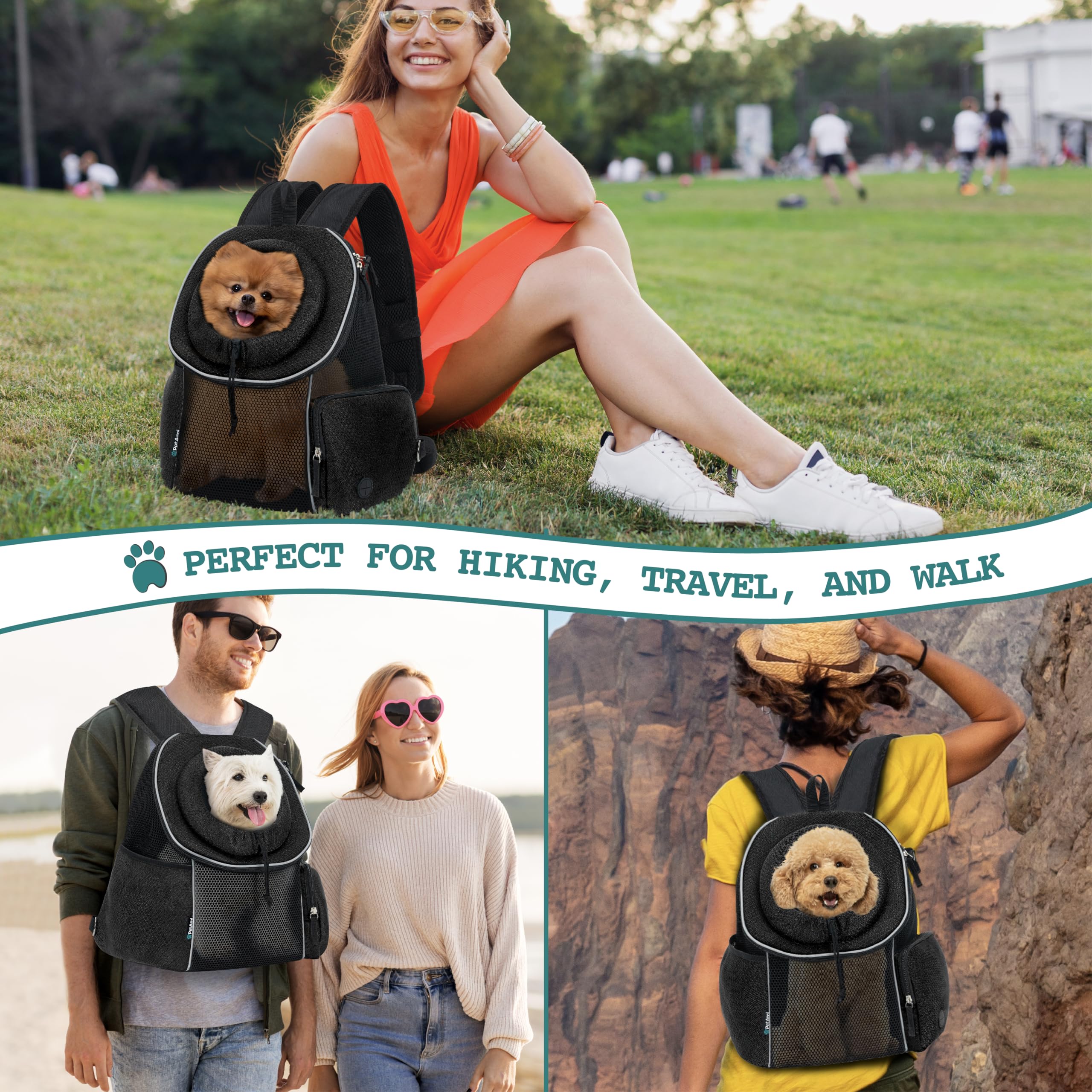 PetAmi Adjustable Dog Carrier Backpack - Ventilated Pet Chest Carrier for Small Dogs & Cats up to 14 lbs - Perfect for Hiking, Camping & Travel - Black