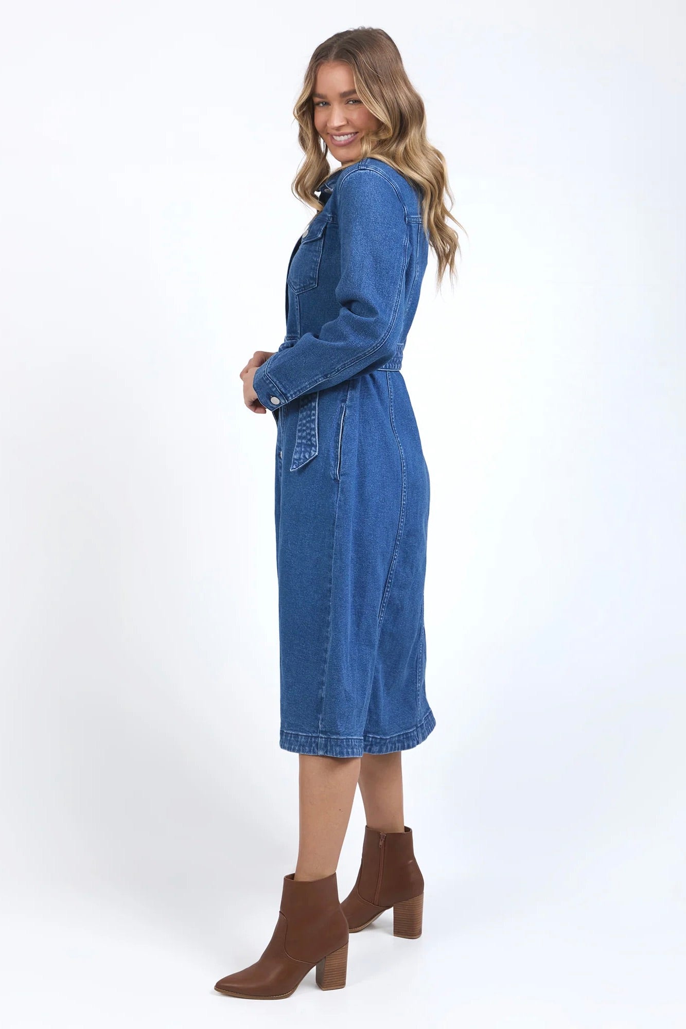 Genevieve Mid Blue Long Sleeve Denim Midi Dress for Women | Casual & Office Wear | Perfect for Spring & Fall Outfits
