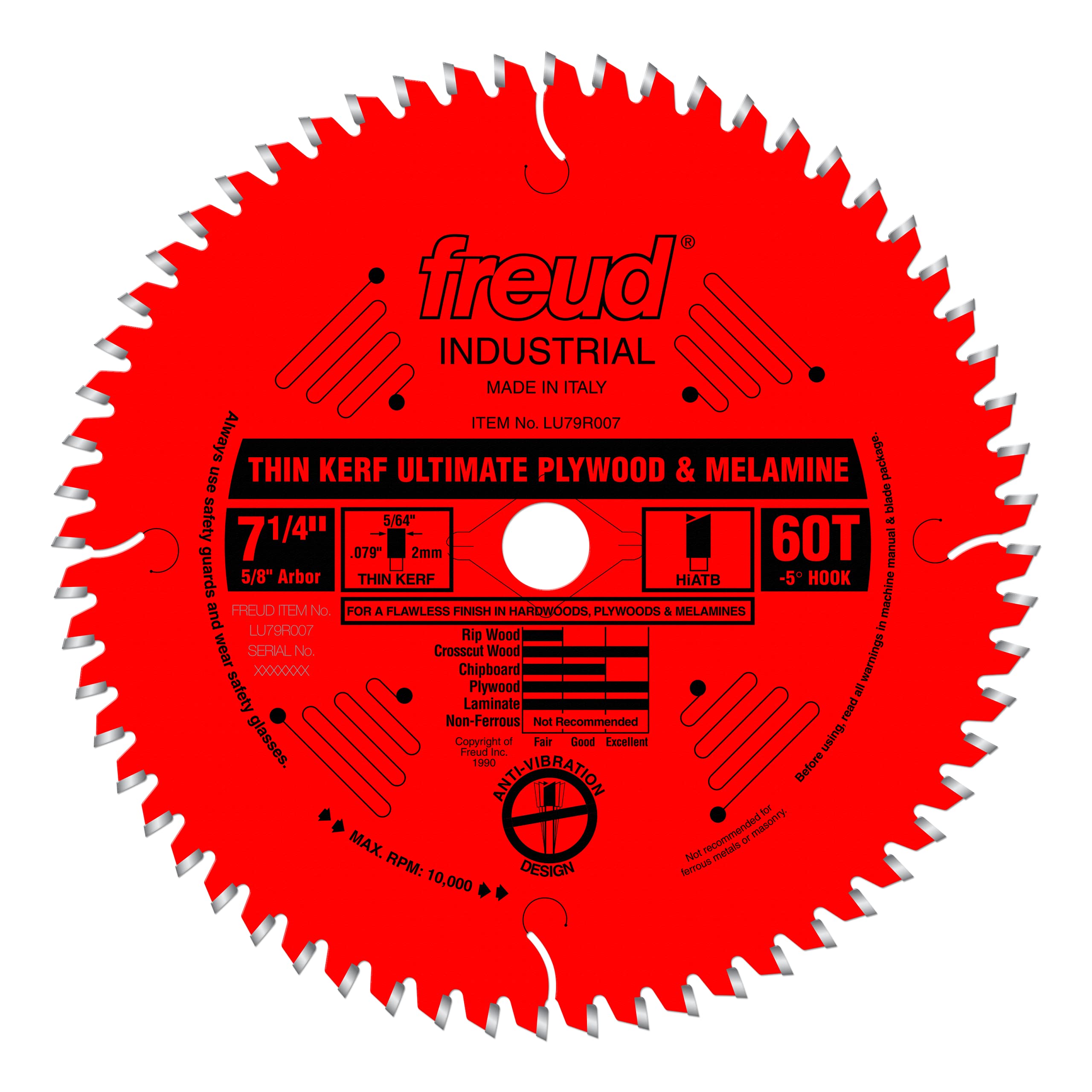 Freud LU79R007 7-1/4 Inch Thin Kerf Ultimate Plywood & Melamine Circular Saw Blade - Premium Carbide Tipped for Smooth Cuts in Woodworking Projects