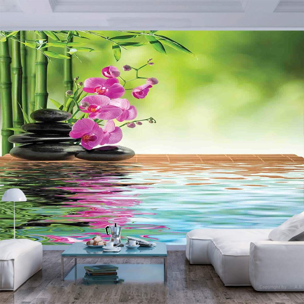 55x30 Inches Orchid Flower Stone Oriental Culture Wall Mural - Peel and Stick Self-Adhesive Wallpaper, Removable Large Wall Sticker for Home & Office Decor - Perfect for Living Room, Bedroom, Spa, Yoga Studio and Meditation Space