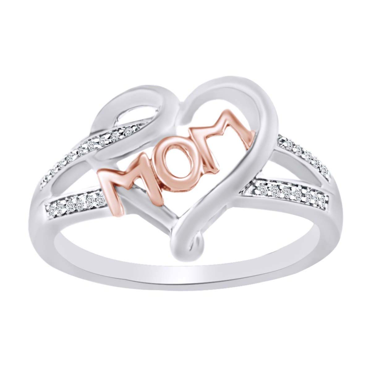 0.05 Carat Round Cut Natural Diamond Two-Tone 10K Solid Gold Mom Heart Ring - Perfect Gift for Mother's Day, Anniversary & Valentine's Day