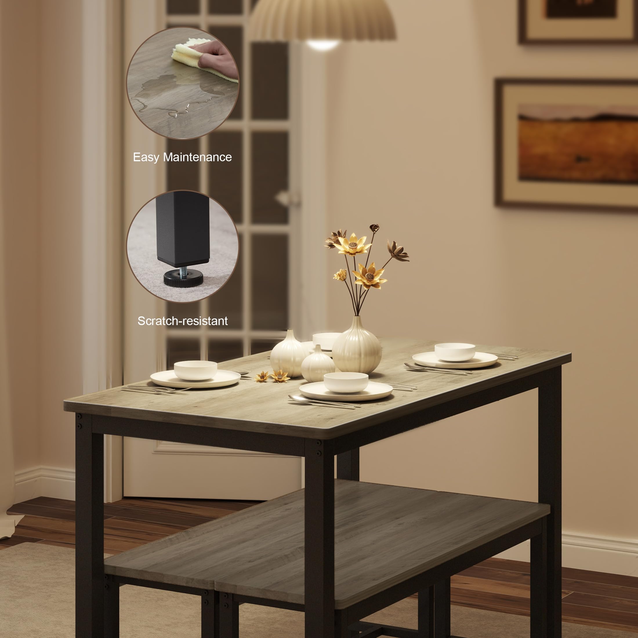 4-Piece Grey Dining Table Set with 2 Benches - Perfect for Small Kitchens & Breakfast Nooks | Space-Saving Kitchen Table Set for 4 People | Modern Compact Dining Room Furniture for Apartments and Cozy Homes
