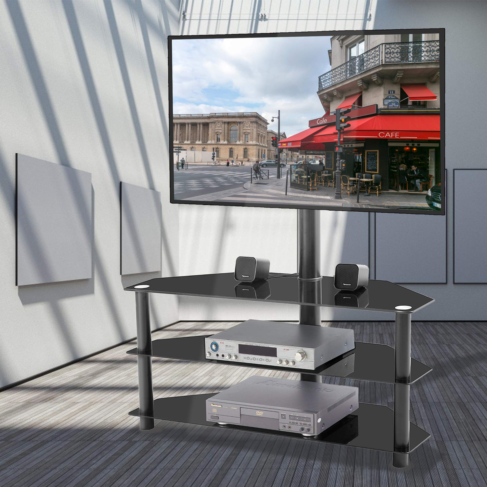 TANSOLE Swivel Floor TV Stand for 32-65 Inch Screens - Height Adjustable TV Bracket with 3-Tier Black Tempered Glass Shelves | Multi-Functional Entertainment Center for Living Room, Bedroom & Home Theater
