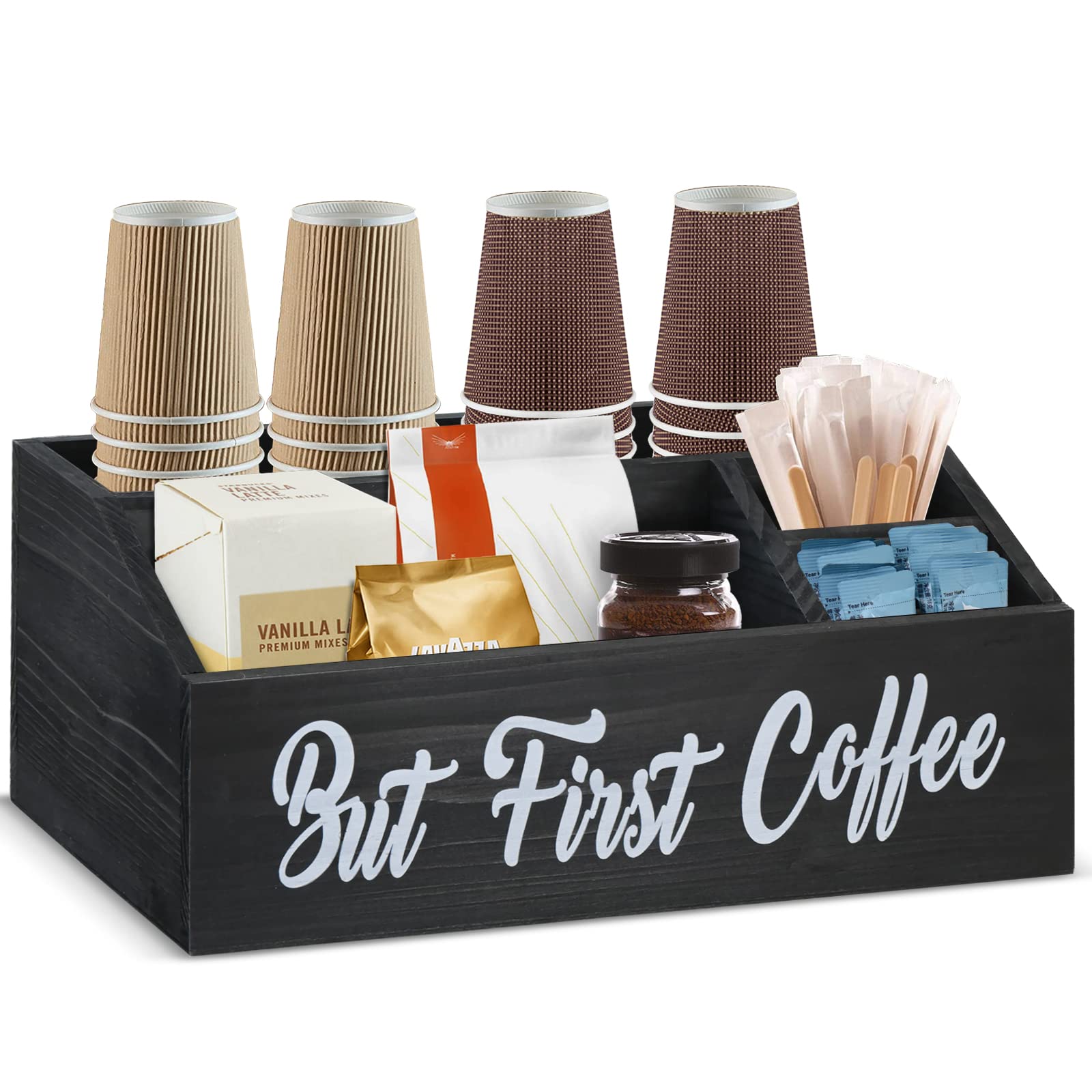 Wooden Coffee Station Organizer - Countertop Coffee Bar Accessories Storage Bin with Pod Holder - Perfect for Home Kitchen & Office Coffee Bar Decor (Black)