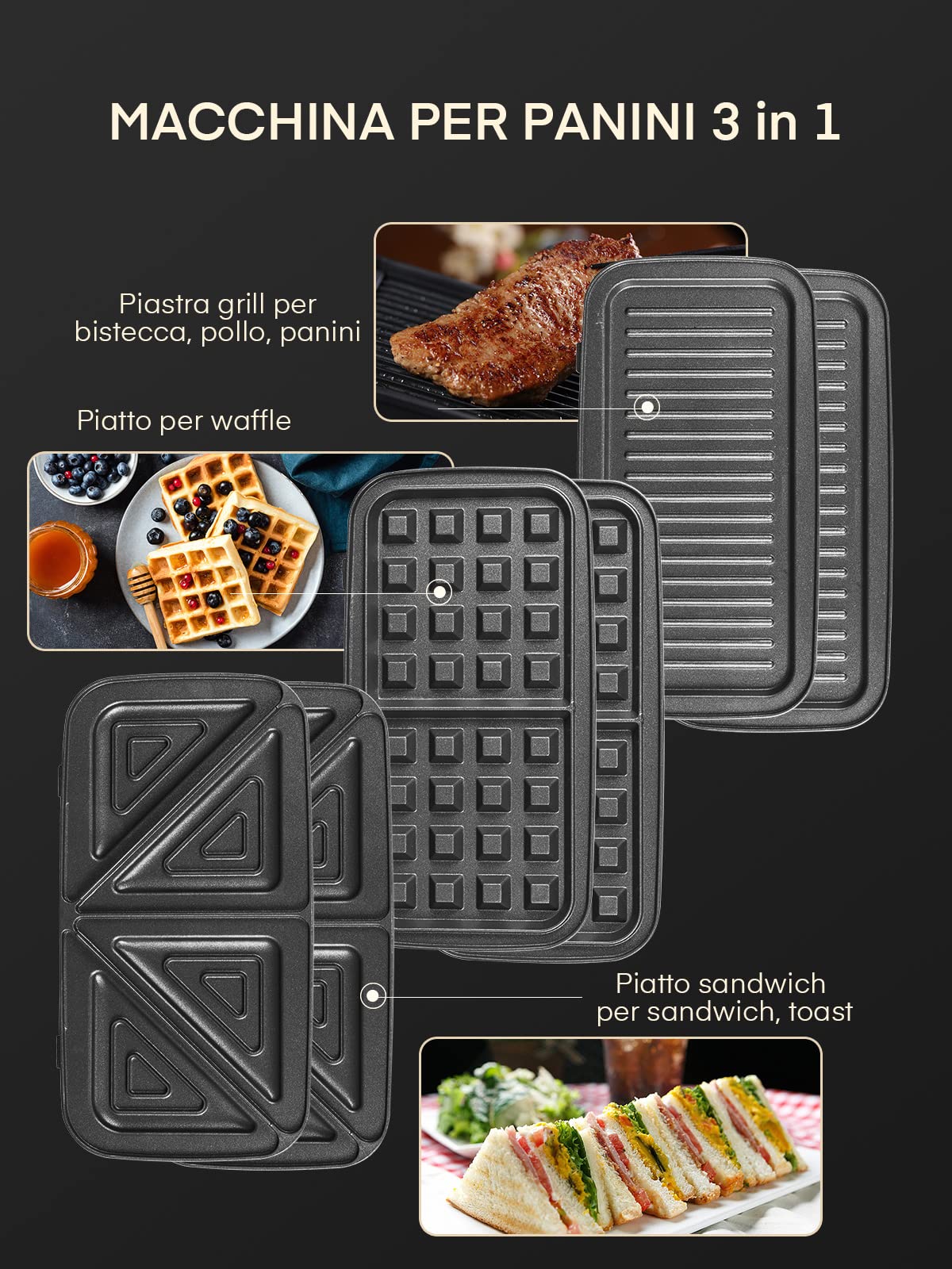 1200W 3-in-1 Sandwich Maker, Panini Press & Waffle Iron with 5 Temperature Settings, Non-Stick Coating & Cool-Touch Handle - Perfect for Breakfast, Snacks and Family Gatherings (Black)