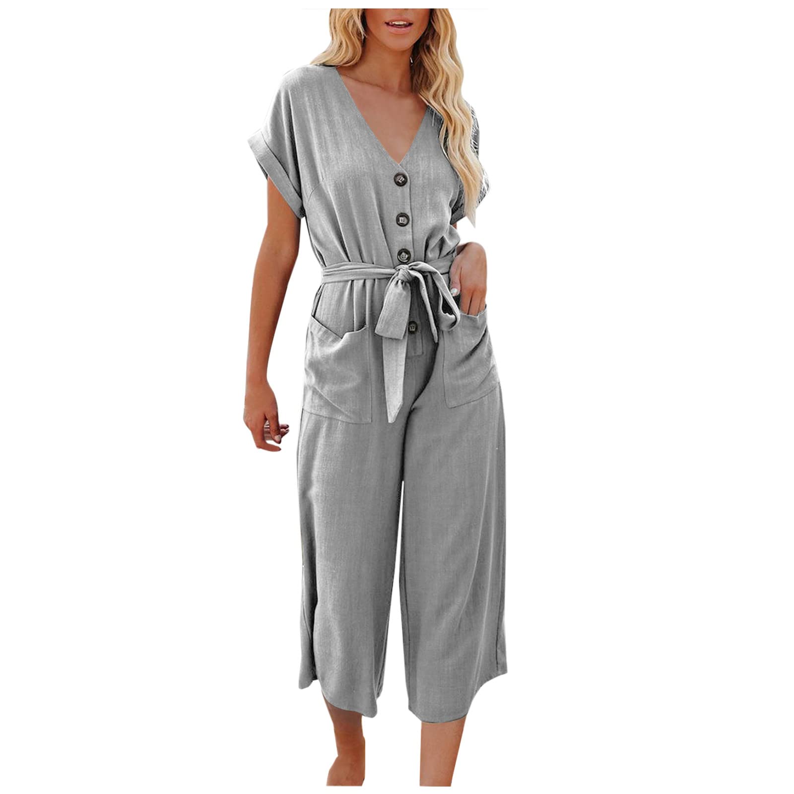 Women's Casual Solid Color Jumpsuit - Summer Short Sleeve Romper with Pockets & Lace-Up Detail | Perfect for Beach Outings, Summer Travel & Casual Wear