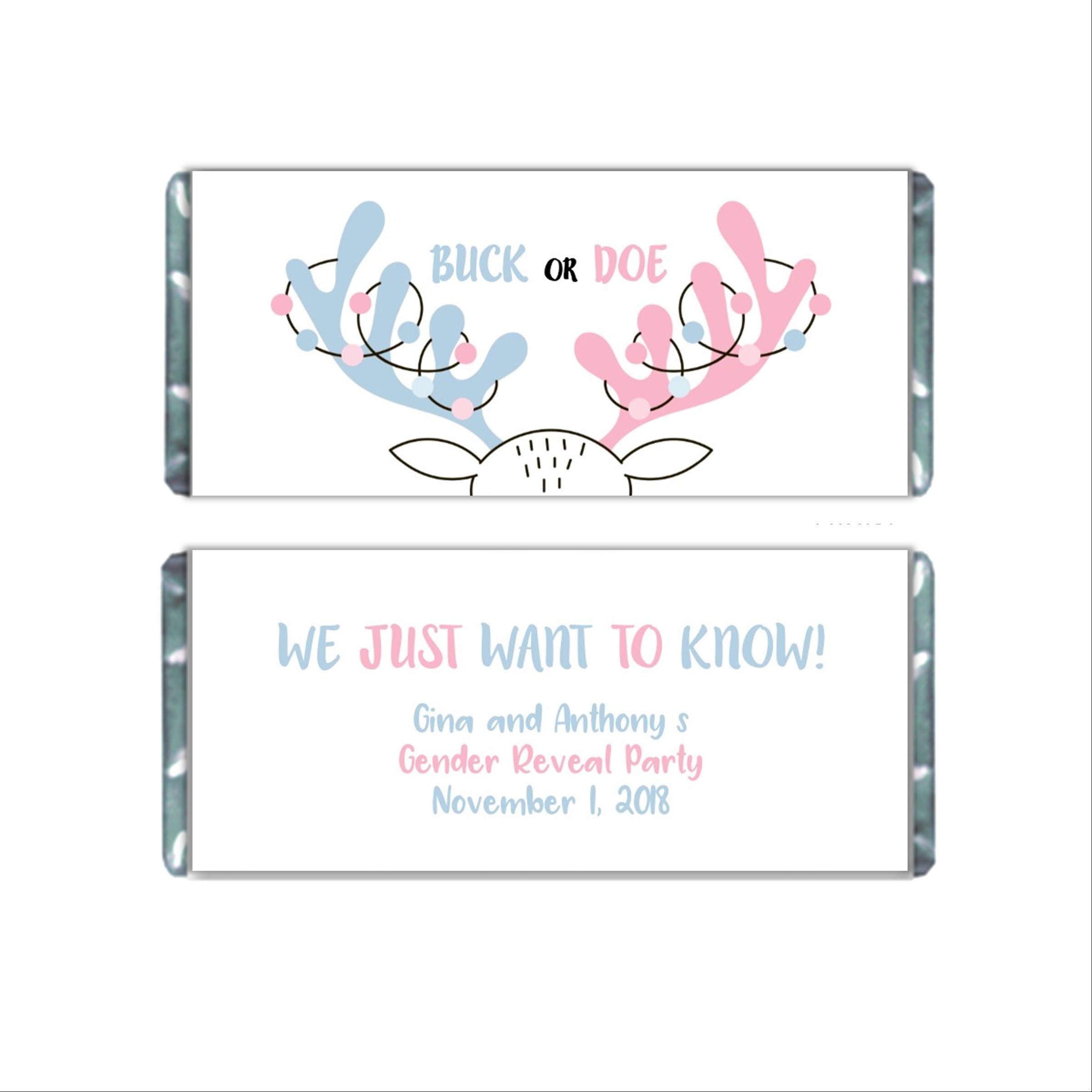 Custom Gender Reveal Candy Wrappers - Personalized Hershey Bar Labels for Baby Shower, Buck or Doe Party Favors (Pack of 20) - Perfect for Baby Gender Announcements & Gender Reveal Parties