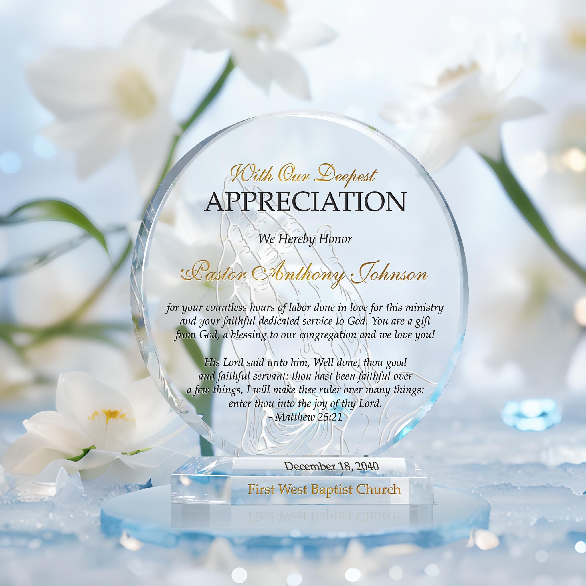 Custom Crystal Pastor Appreciation Plaque with Bible Verse - Church Thank You Gift for Volunteers & Staff