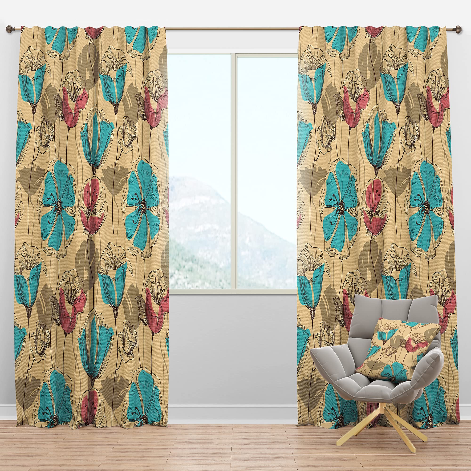 DesignQ Blackout Curtains - Thermal Insulated Retro Floral Print in Pink & Blue - 52x120 Inch Single Panel Window Drapes for Bedroom & Living Room - Blocks Light & Noise for Better Sleep & Privacy
