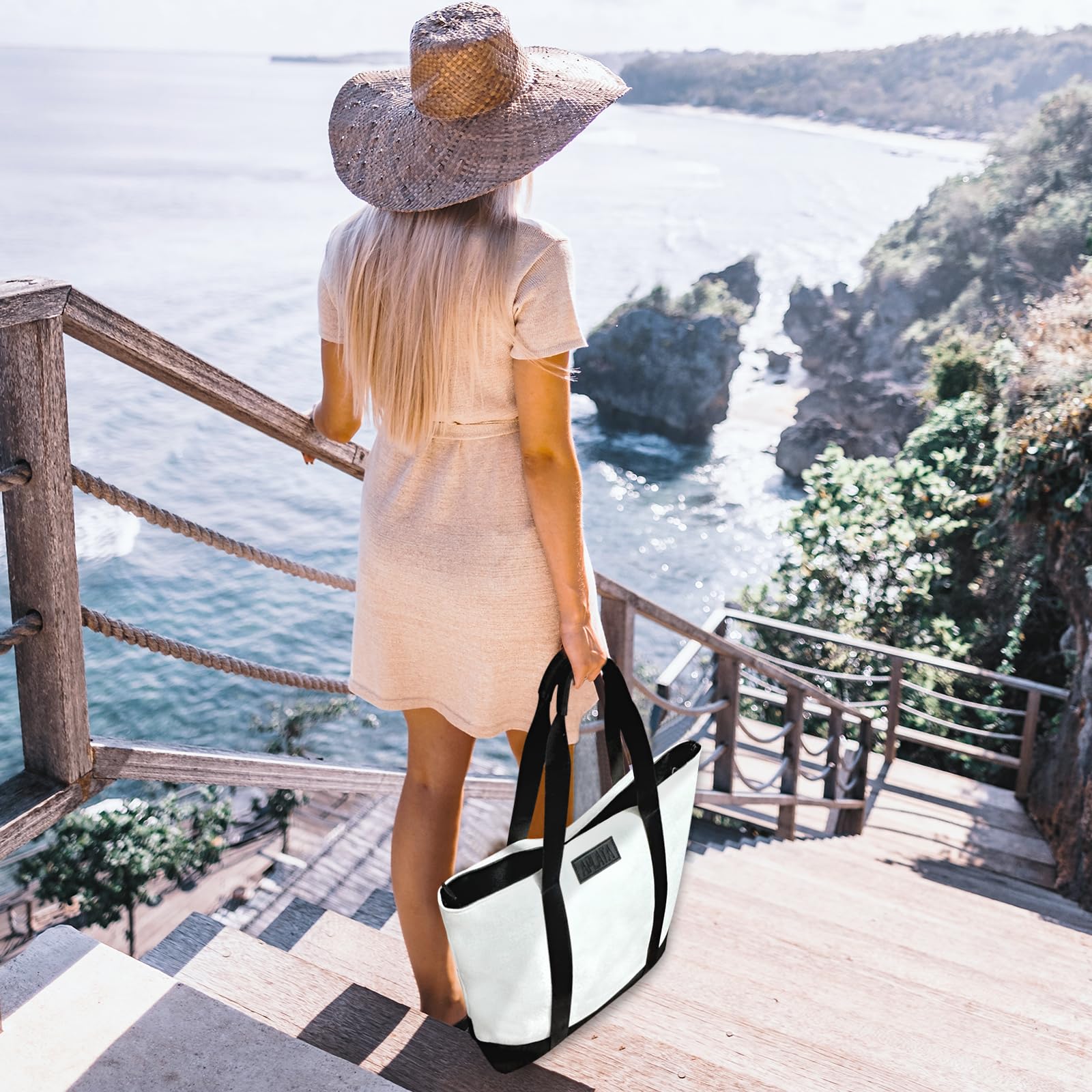 Stylish Travel Hat Tote Bag with Hat Holder - Durable Beach Bag with Comfortable PU Handle for Women & Men - Perfect for Vacations, Beach Trips, and Outdoor Adventures
