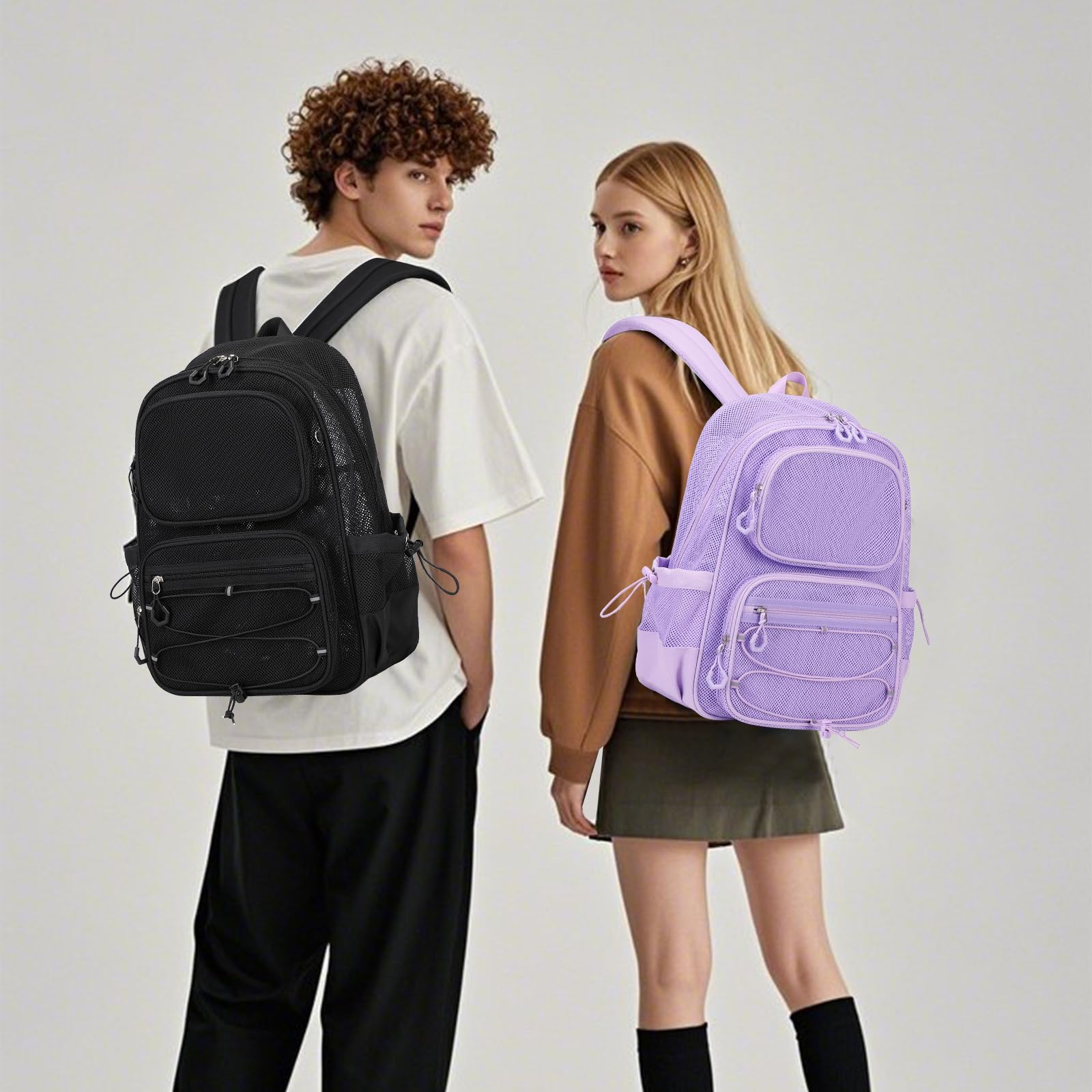 Breathable Mesh Backpack - Heavy Duty See Through Bookbag, Ultra Lightweight Transparent Net Backpack for School, Gym, Travel & Beach - Durable & Comfortable for Sports & Outdoor Activities - Purple