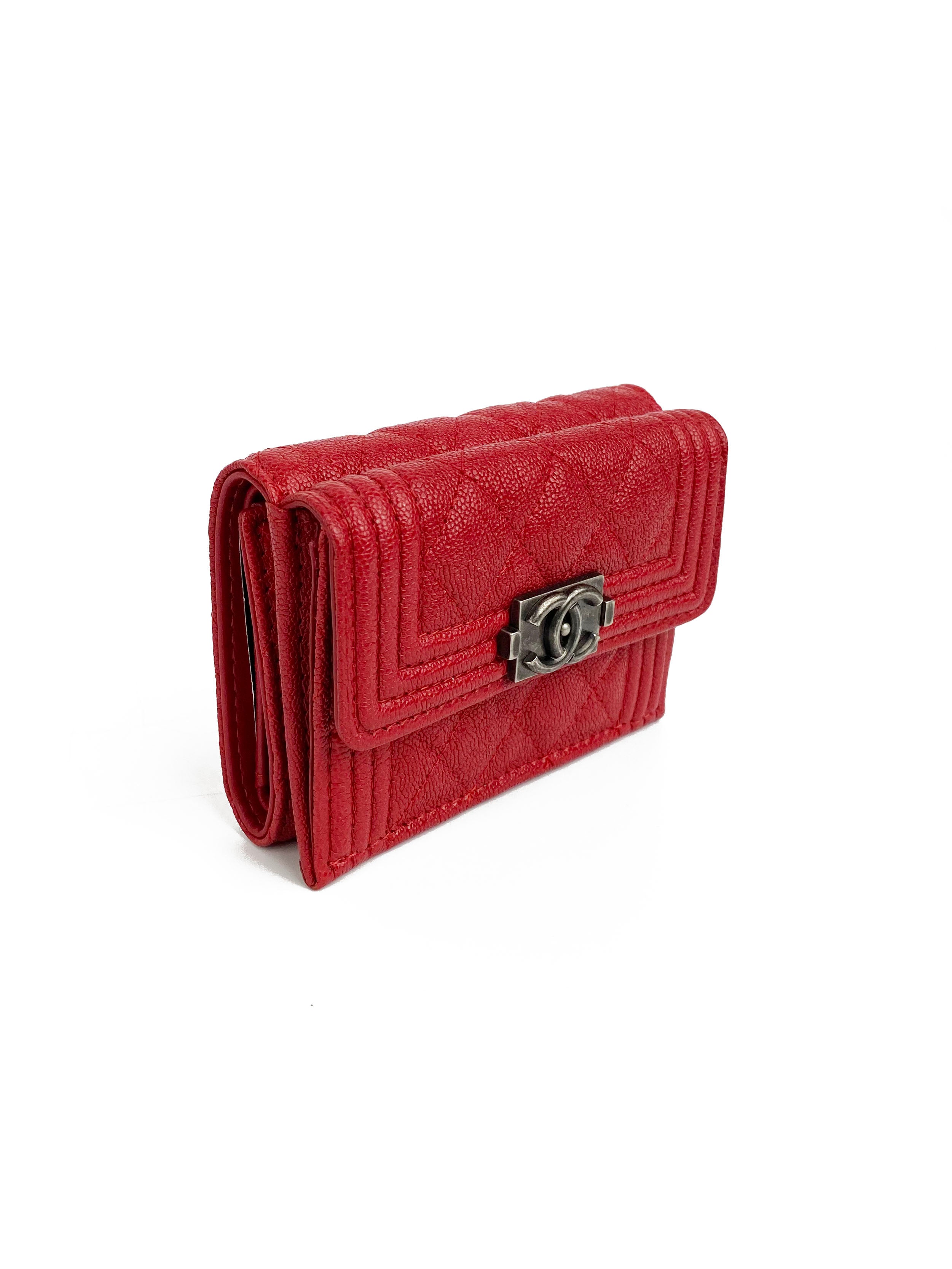Chanel Red Boy Compact Wallet - Luxury Leather Wallet for Women, Small Crossbody Bag with Chain Strap, Perfect for Parties & Night Out