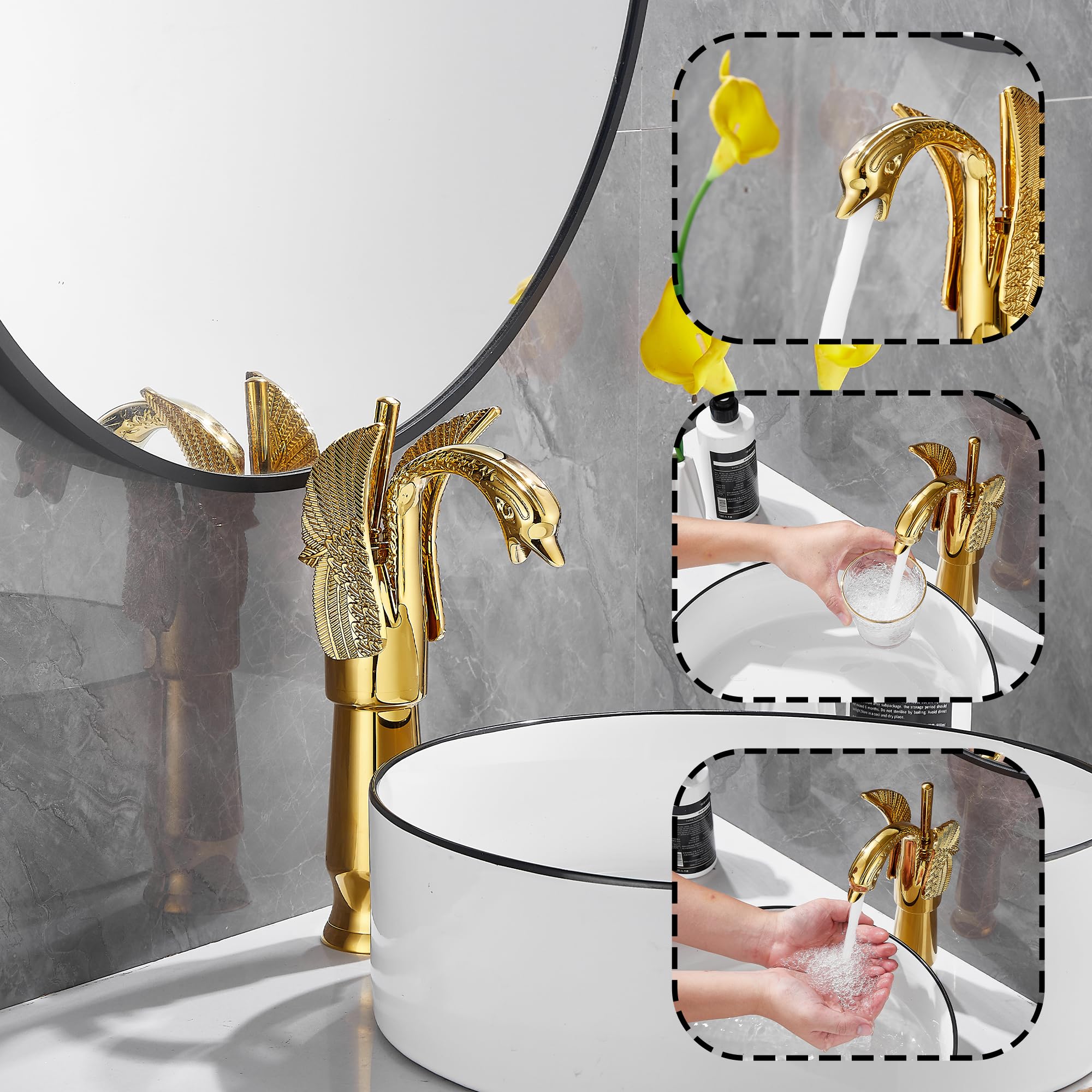 GGStudy Gold Swan Shape Single Handle Deck Mount Bathroom Vessel Sink Faucet - Elegant One Hole Lavatory Faucet for Modern Vanity & Powder Room Decor