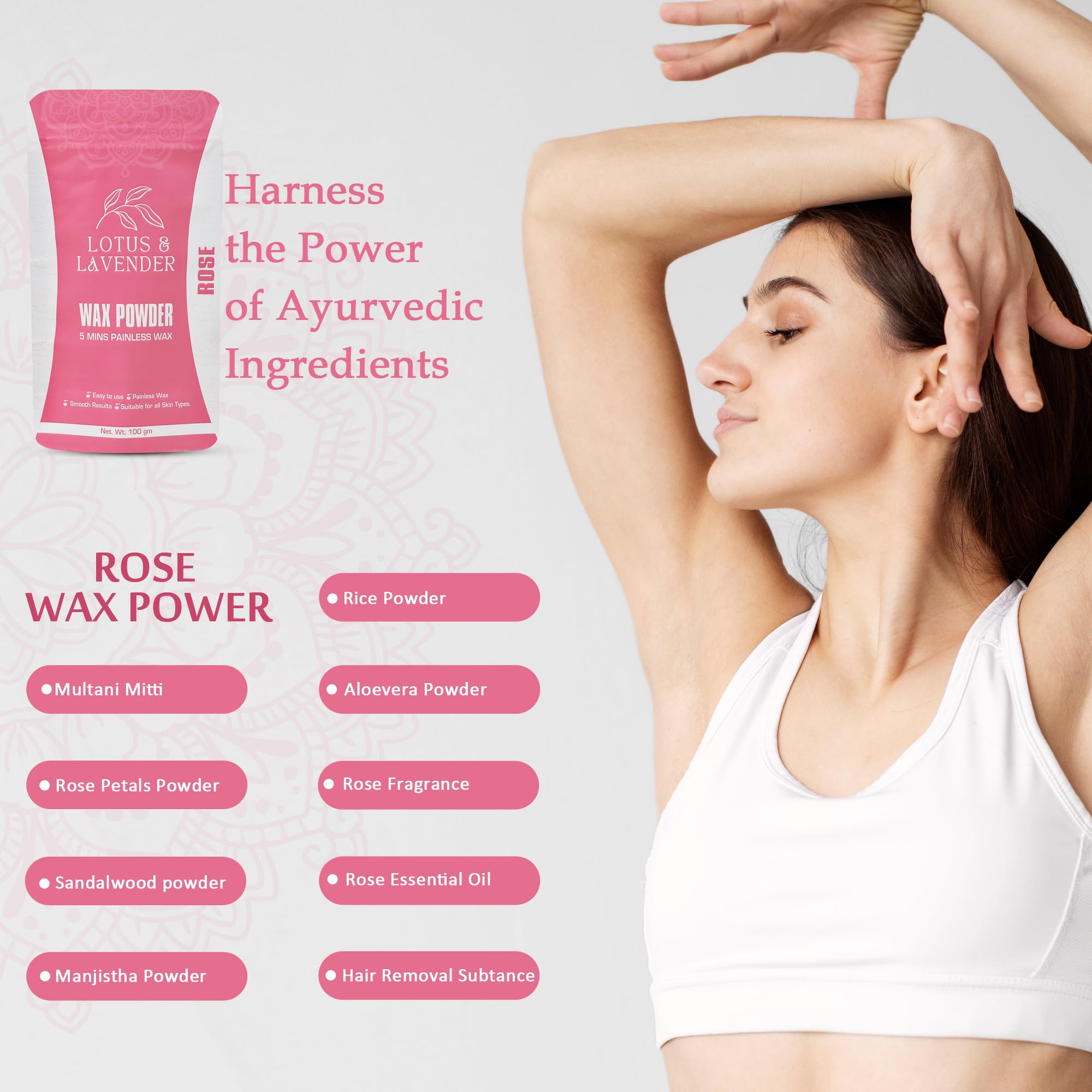 Lotus & Lavender Natural Hair Removal Wax Powder - Painless Full Body Depilatory in 5 Minutes | Chemical-Free, Non-Irritating Formula for Sensitive Skin (Rose Scented) | Perfect for Smooth Legs, Arms & Bikini Line at Home