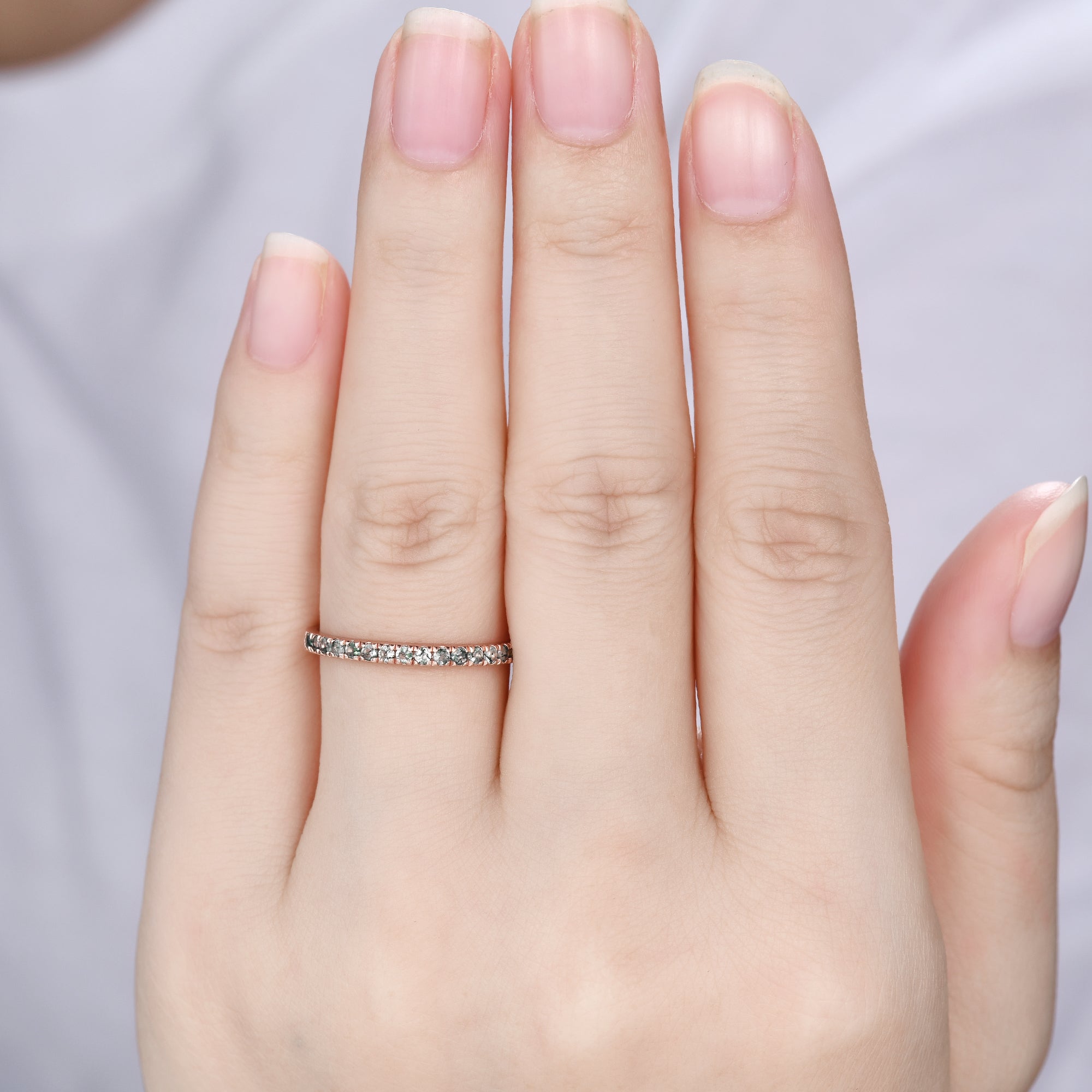 Green Moss Agate Wedding Band Ring - 2mm Rose Gold Half Eternity Petite Stackable Ring for Women | Perfect for Engagement, Anniversary Gift & Everyday Wear