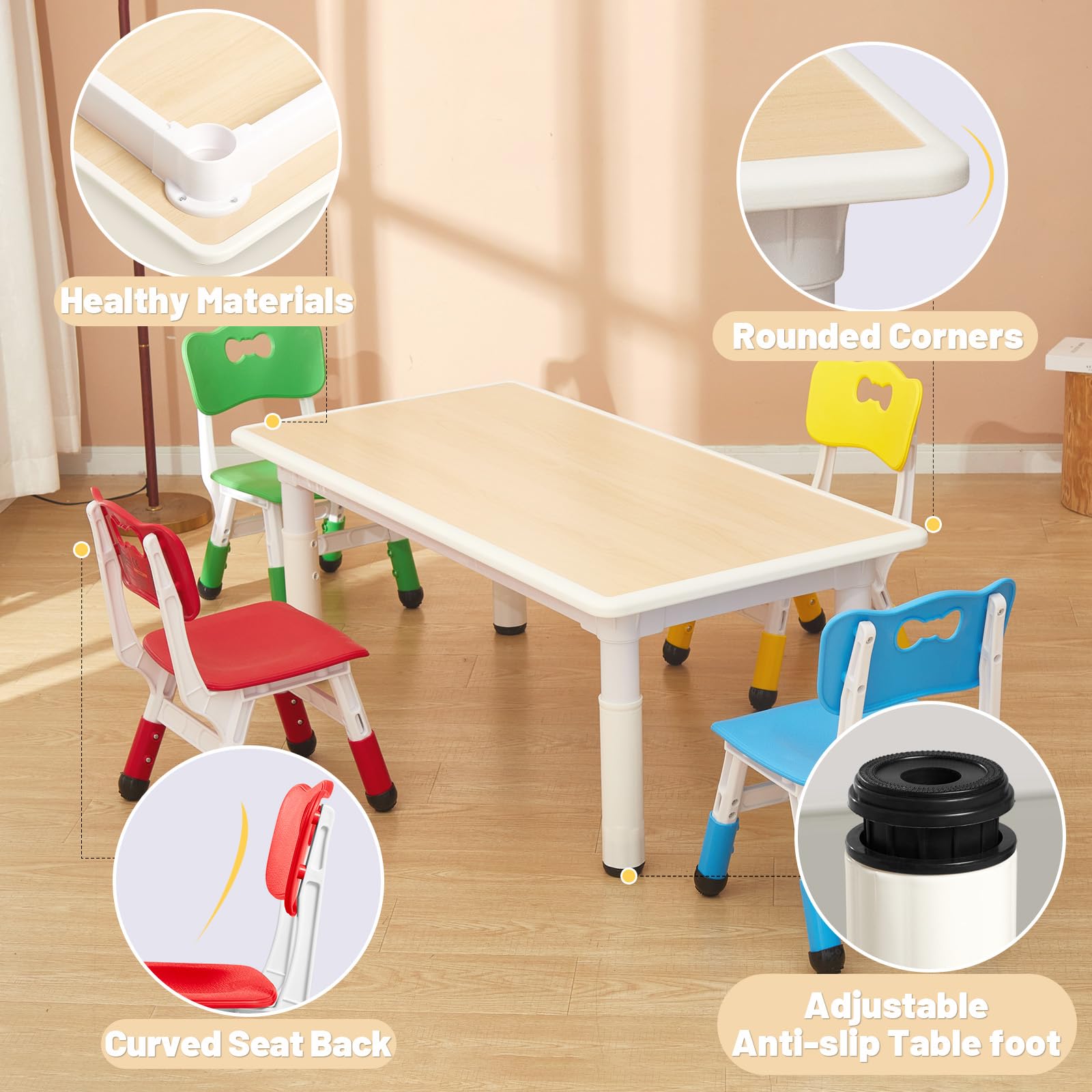 **FUNLIO Adjustable Kids Table and 4 Chairs Set for Toddlers Ages 3-8 - Easy Clean Arts & Crafts Table with Wipeable Surface - Perfect for Classrooms, Daycares & Home Use - CPC & CE Certified (5-Piece Set, Multicolor) - Ideal for Playtime, Learning & Creative Activities**