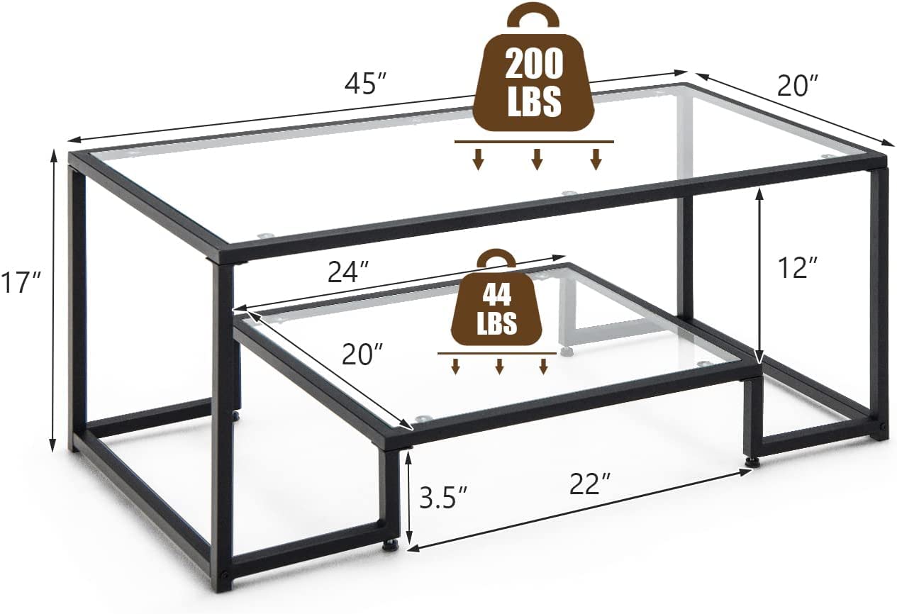 NAFORT 45 Inch Gold Rectangular Tempered Glass Coffee Table with Lower Storage Shelf - Modern Living Room Center Table for Home Decor (Black) | Perfect for Small Spaces, Apartments & Contemporary Interiors