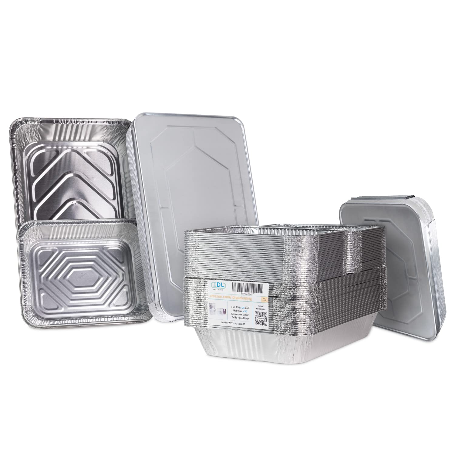 IDL Packaging Aluminum Foil Pans with Lids - 75pc Deep Chafing Dish Set (25 Full Size & 50 Half Size Steam Table Pans) - Disposable Catering Cookware for Buffets, Parties, BBQ - Perfect for Food Storage, Meal Prep & Large Gatherings