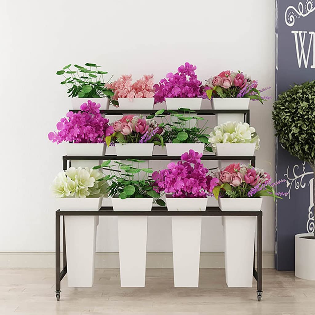 Heavy Duty 3-Tier Flower Cart with 12 Buckets & Wheels - 33 Inch Tall Plant Stand for Florists, Garden, Patio - Perfect for Flower Displays, Nursery Organization & Outdoor Decor (Black)