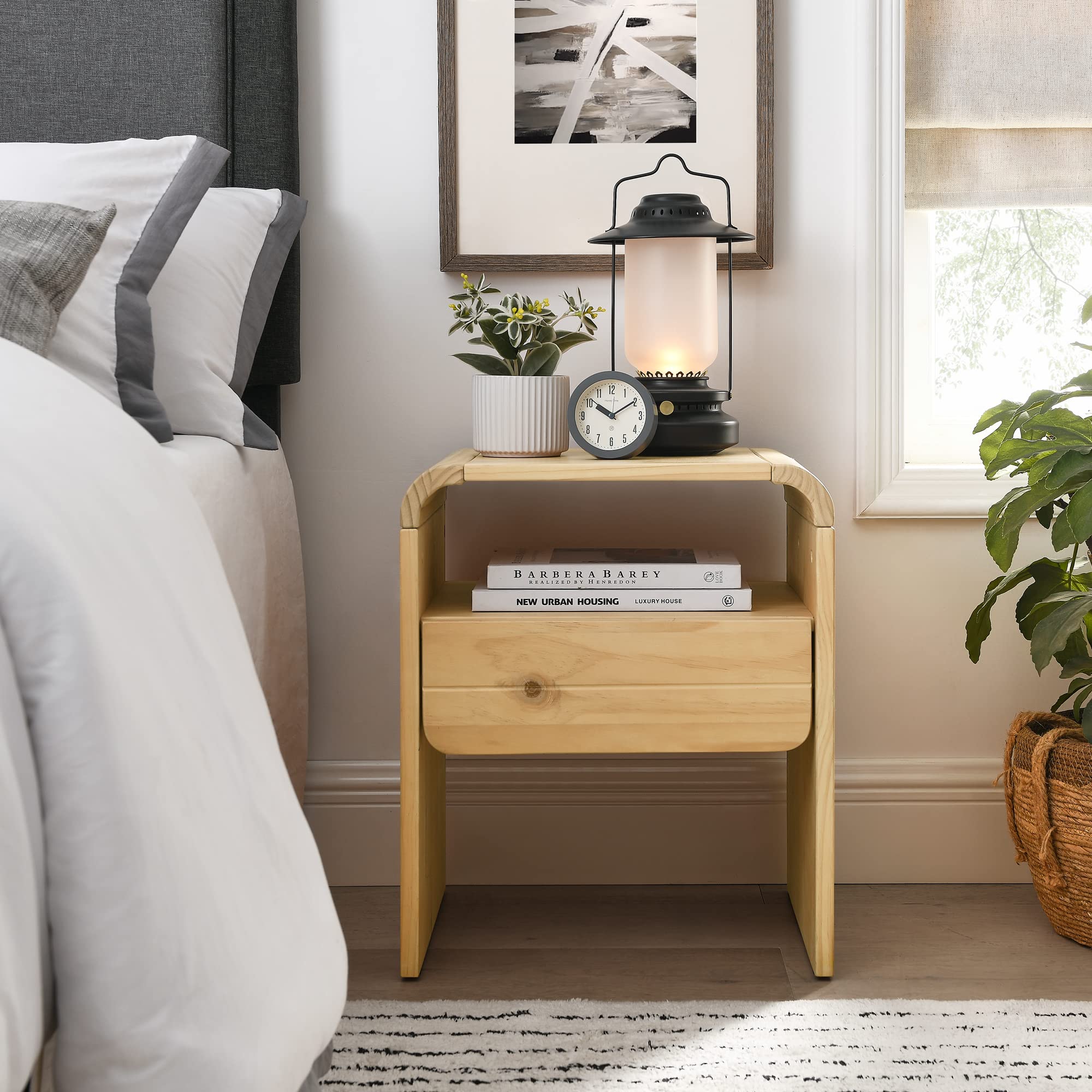 Modern Solid Wood Nightstand with Storage Drawer & Open Shelf - Bedside Table for Bedroom, Living Room, Hallway or Entryway - Stylish End Table for Home Organization & Decor