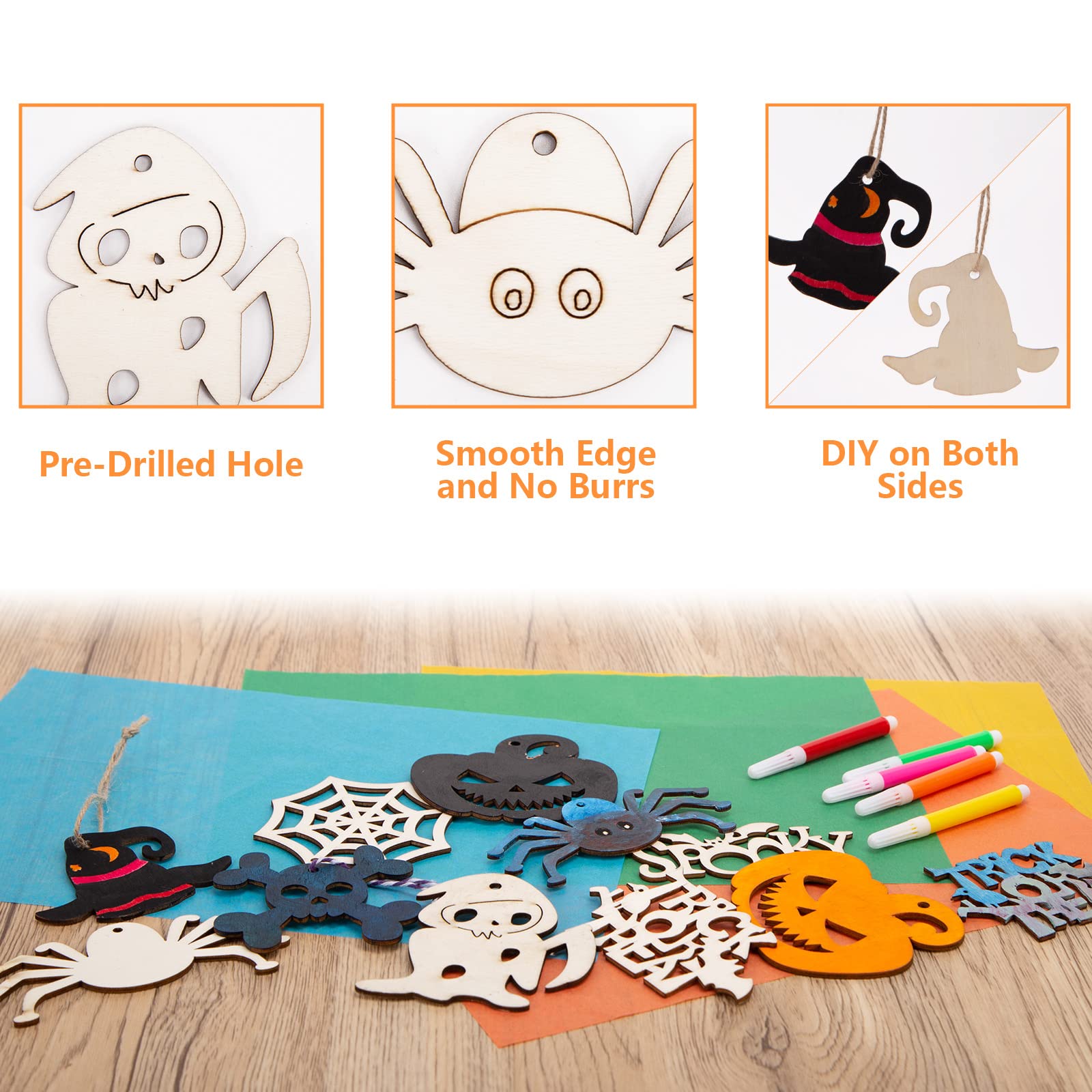 72PCS Unfinished Halloween Wood Ornaments - DIY Wood Cutouts for Hanging Decorations, Gifts & Crafts | Perfect for Halloween Party Decor, Home Decoration, and Seasonal DIY Projects
