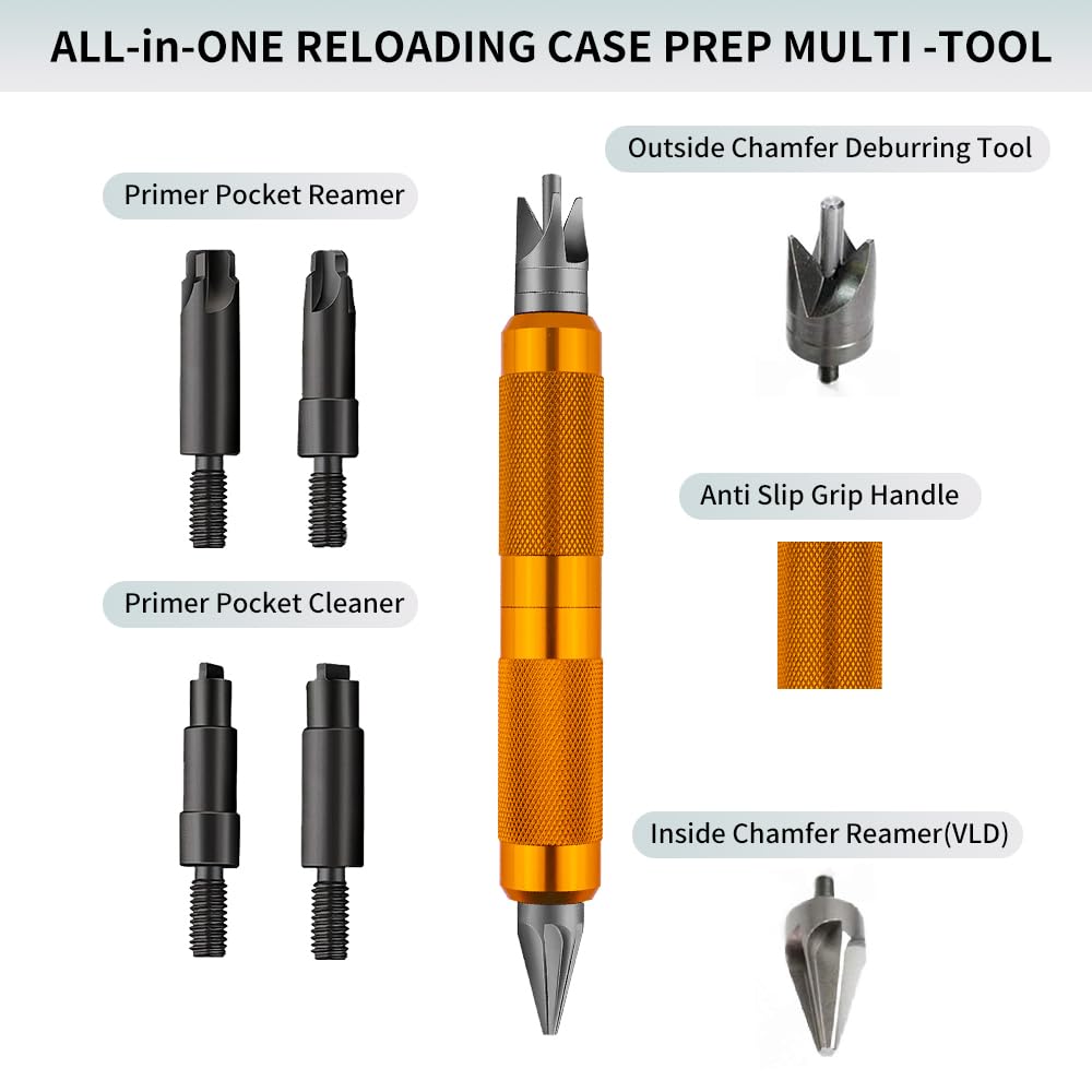 Ludex Multi-Tool Case Prep Kit - .17 to .45 Caliber Reloading Tool with Case Trimmer, Pocket Cleaner, Reamer & Chamfer Deburring Tools (Orange) - Perfect for Ammo Reloading, Gunsmithing & Shooting Range Maintenance
