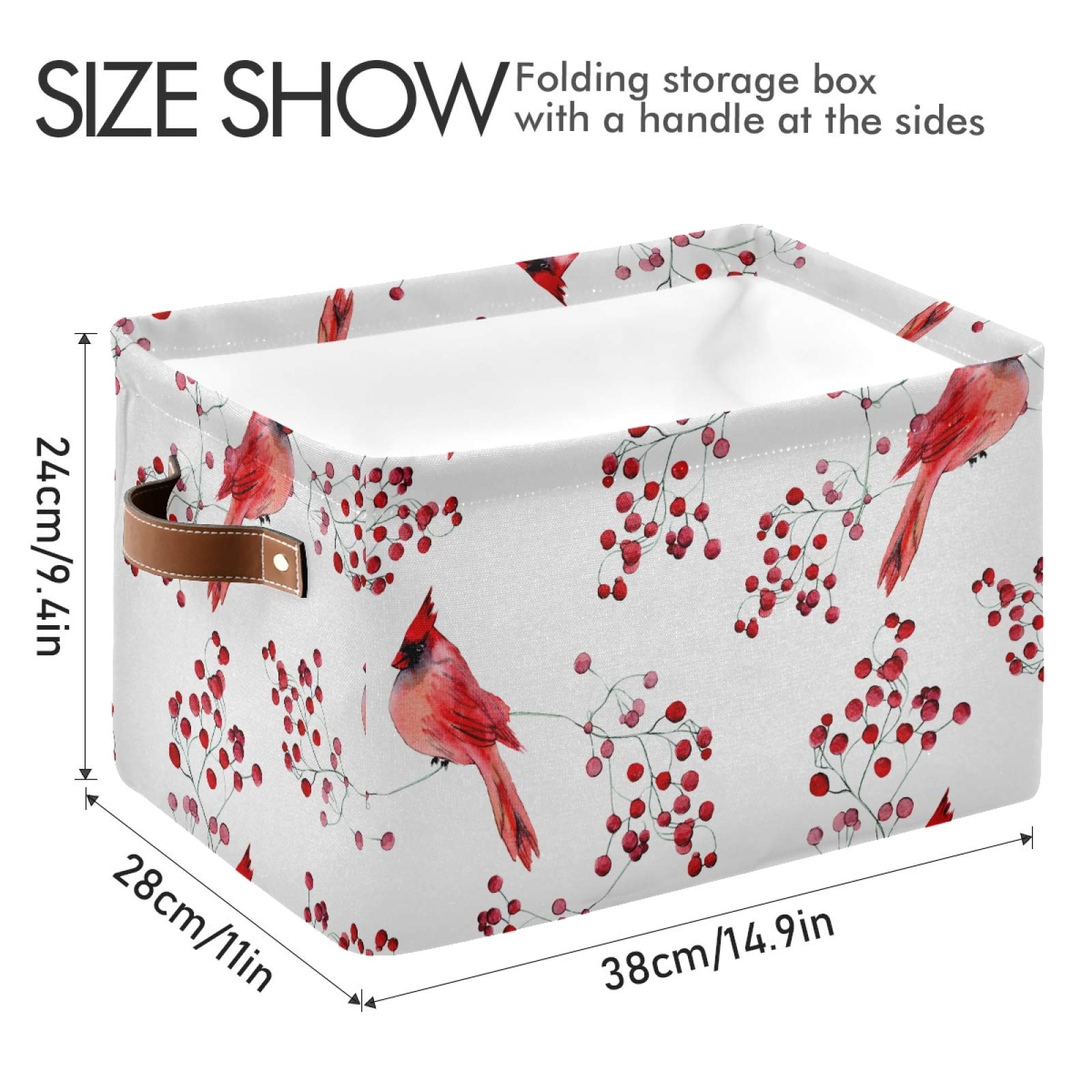 Susiyo Large Foldable Storage Bin - Winter Cardinal Birds Fabric Collapsible Basket with PU Handles | 2-Pack Organizer for Shelves, Closet, Bedroom & Living Room | Perfect for Seasonal Decor, Toy Storage & Home Organization