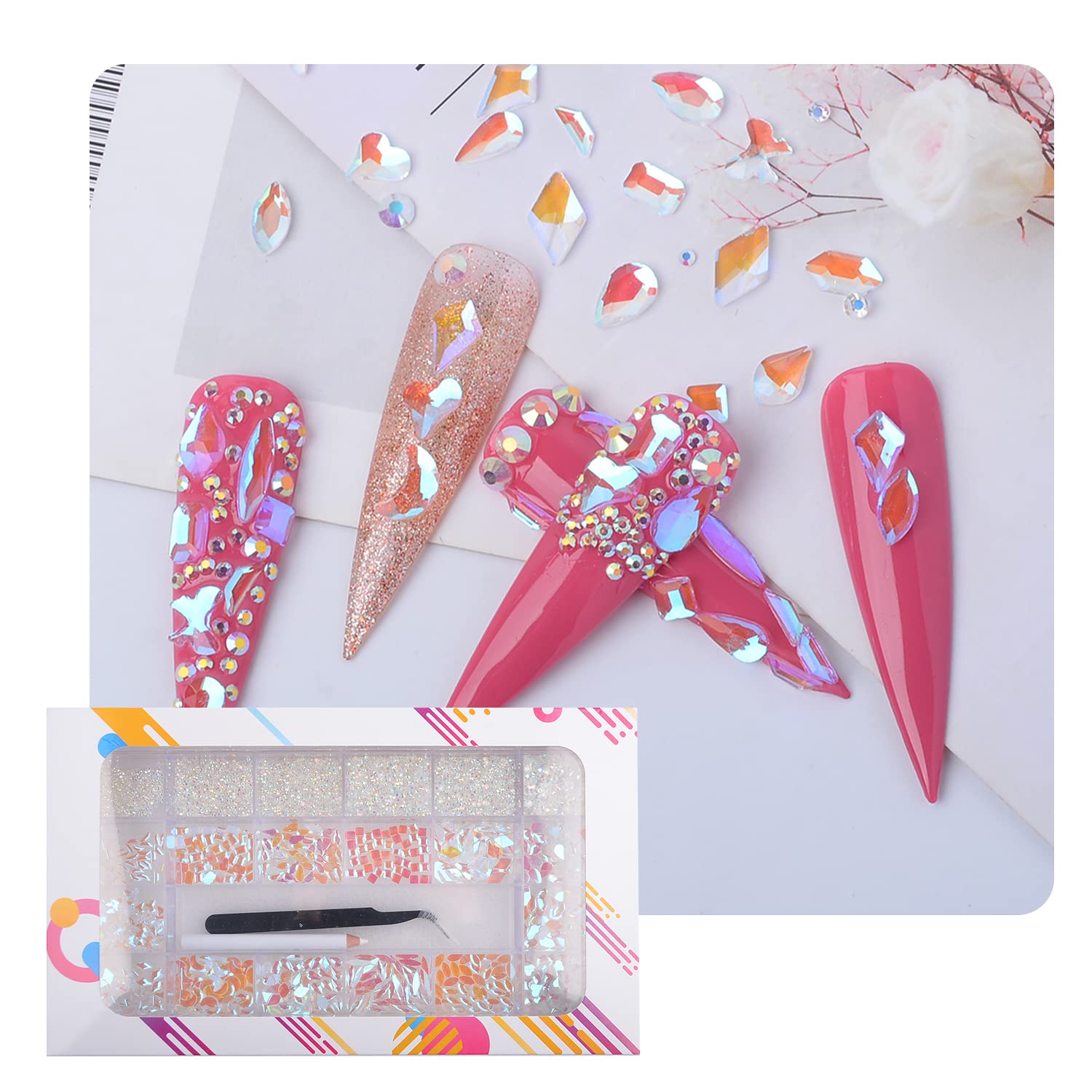 8640Pcs Champagne & Polar Blue Flatback Rhinestones Kit - 20 Shapes Nail Art Crystals, Round Beads, Diamond Jewels with Wax Pen & Tweezers - Perfect for DIY Nail Designs, Wedding Decor, Jewelry Making & Craft Projects