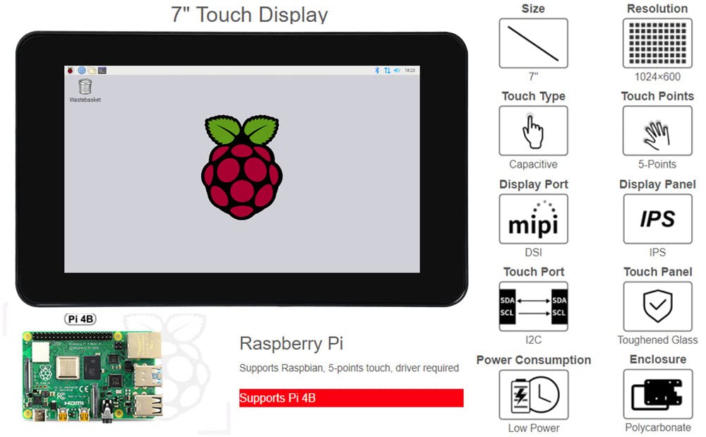 7inch IPS Capacitive Touch LCD Display Screen 1024×600 DSI Interface for Raspberry Pi 4 Model B/3B+/3B - with Protective Case | Perfect for DIY Projects, Smart Home Control & Embedded Systems