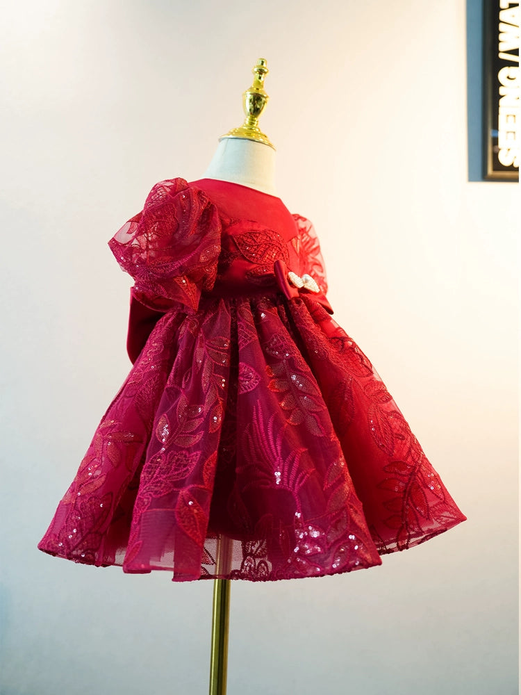 Burgundy Princess Round Tea Length Lace Flower Girl Dress for Weddings, Bridal Parties & Special Occasions