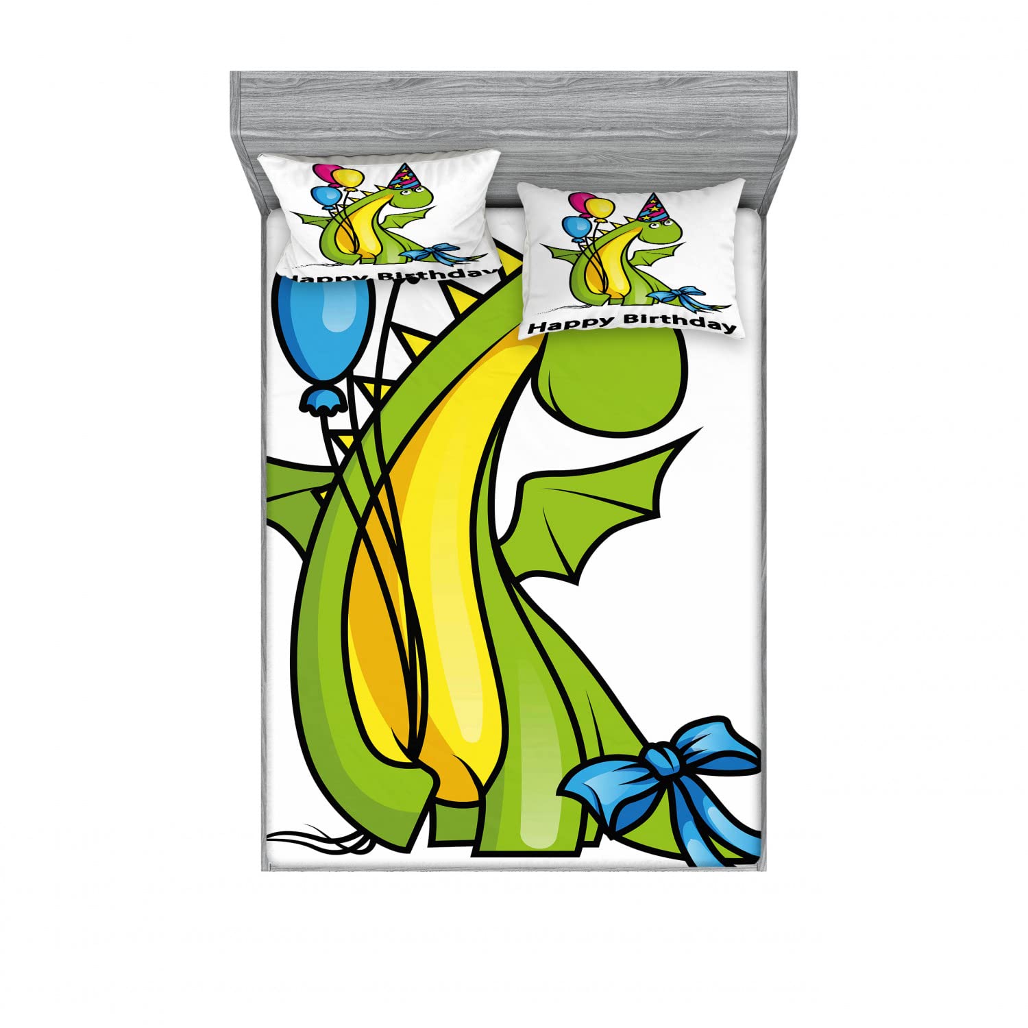 Ambesonne 2-Piece Queen Size Dinosaur Birthday Bedding Set - 2 Fitted Sheets & 4 Pillow Shams in Fern Green & Yellow - Fun Kids Room Decor for Birthday Parties, Dinosaur Themed Bedrooms & Gift Ideas
