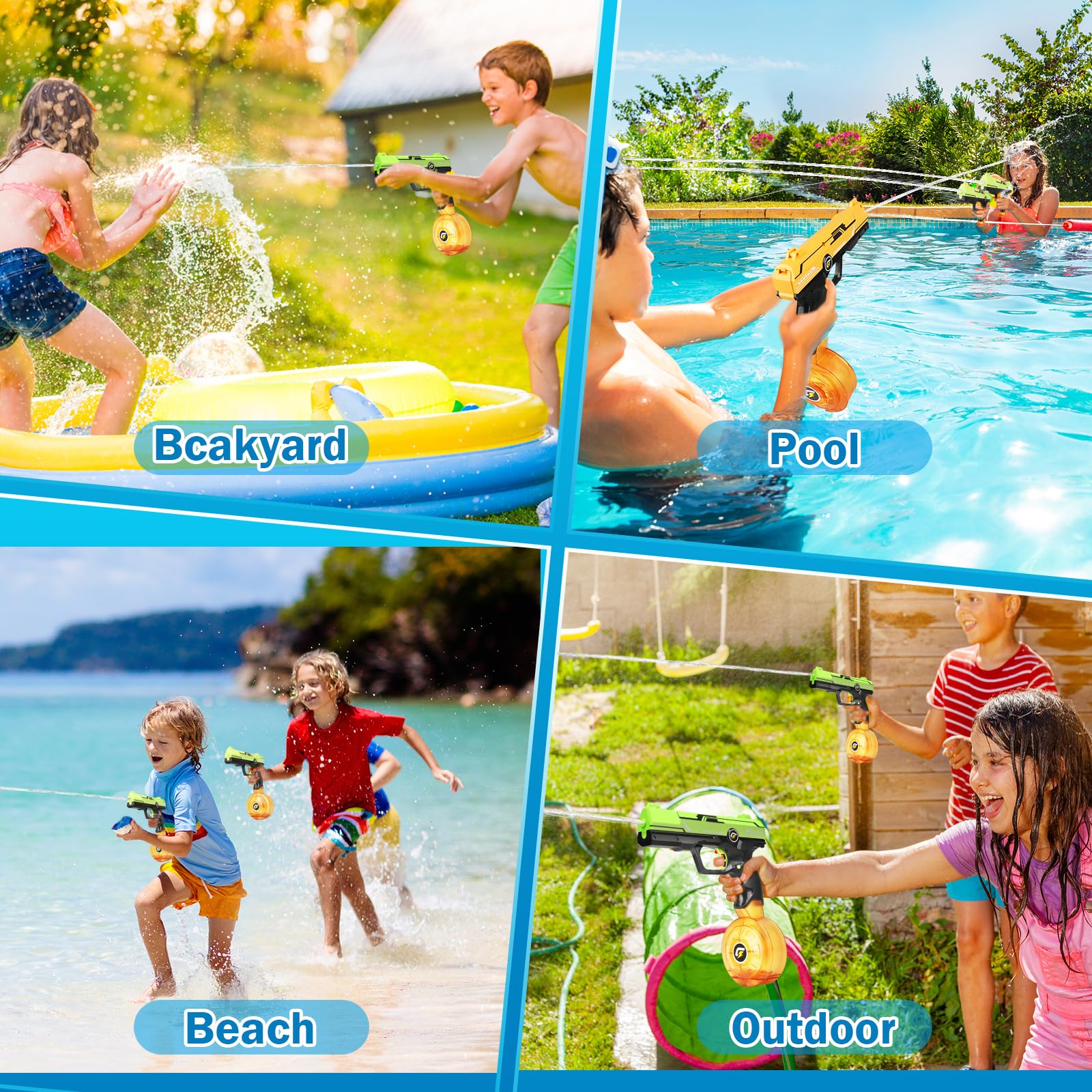 VATOS 4 Pack Rechargeable Electric Water Blaster Squirt Gun Toy - 450CC+58CC Large Capacity Automatic Water Pistol | 32 FT Range Summer Outdoor Water Toys for Kids & Adults | Perfect for Beach, Pool, Backyard Battles and Birthday Parties