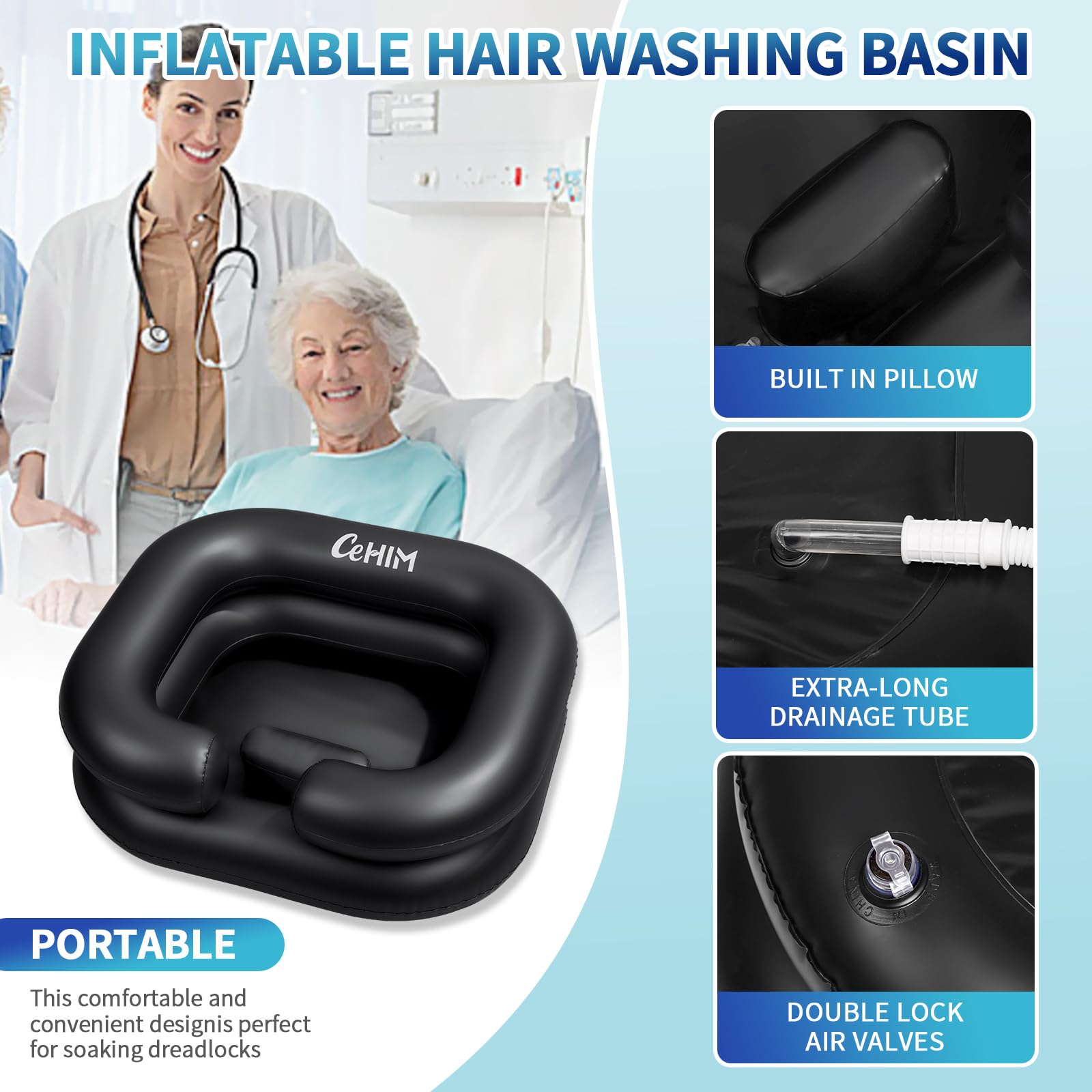 **Portable Inflatable Shampoo Basin for Hair Washing - Lightweight & Adjustable Shampoo Bowl for Bedridden, Disabled, or Injured Patients - Perfect for Dreadlocks, Home Sink, Salon, and Travel Use (Black)**