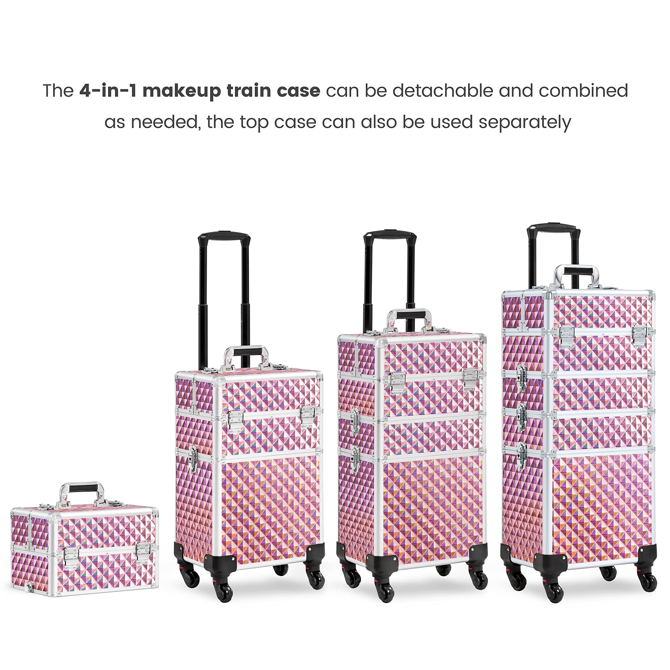 Yaheetech 4-in-1 Professional Makeup Train Case - Rolling Cosmetic Trolley with 4 Detachable Swivel Wheels, Makeup Organizer & Travel Case in Glitter Pink | Perfect for Salon Artists, Mobile Makeup Services & Beauty Professionals On-The-Go