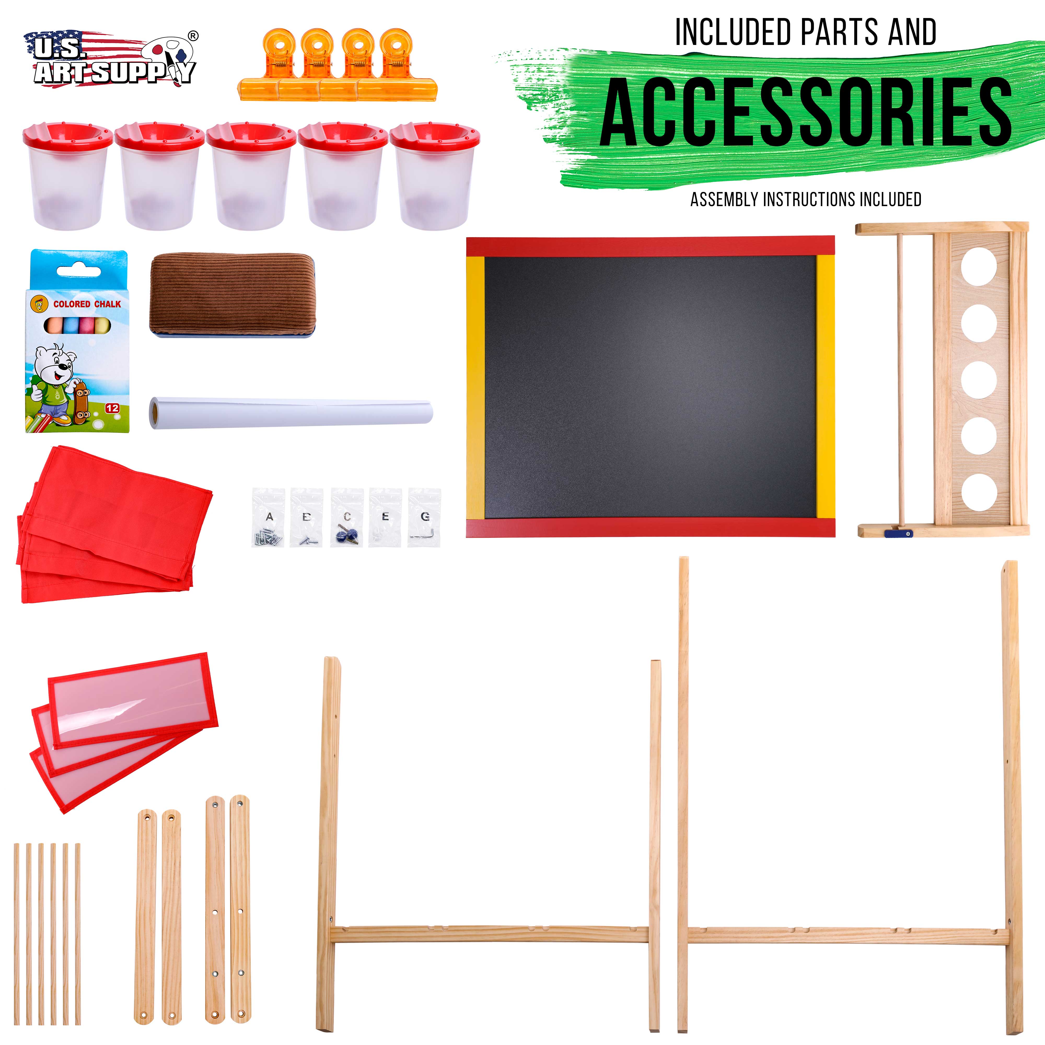 Double Sided Kids Art Easel Board - Chalkboard & Dry Erase Board with Paper Roll, 3 Storage Bins & 5 No-Spill Paint Cups - Perfect for Home, Classroom & Preschool Creative Activities