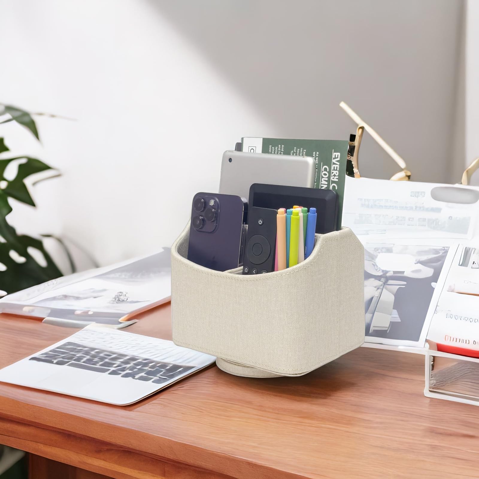 360° Rotating Desk Organizer - Spinning Caddy for TV Remote, Mail & Media Storage | Linen Texture Leather Beige | Perfect for Home Office, Living Room & Bedroom Organization