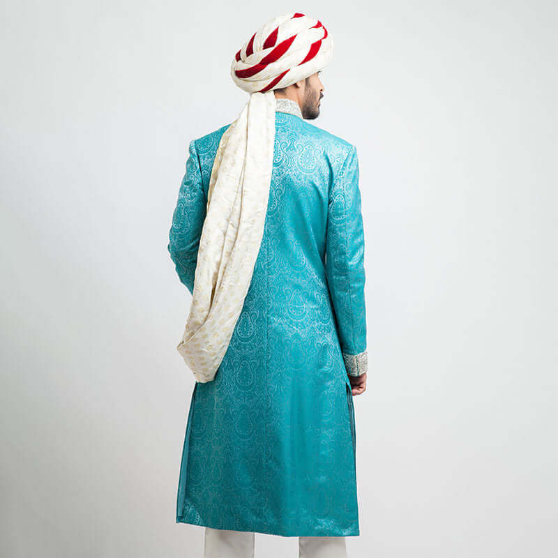 Bright Turquoise Pure Jamavar Silk Sherwani for Men - Elegant Indian Wedding Attire & Formal Occasions