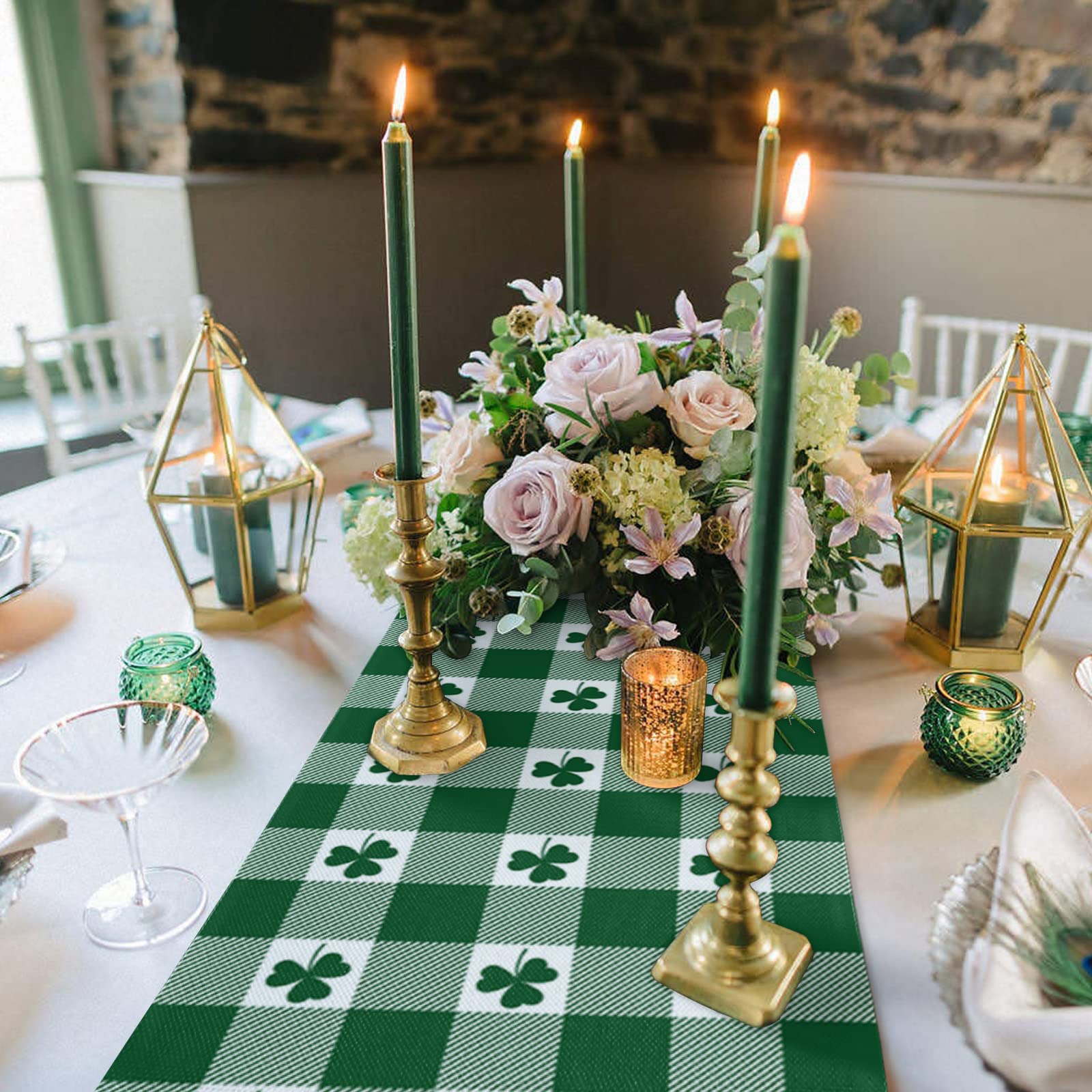120 Inch St Patrick's Day Table Runner - Cotton Linen Irish Kitchen Dinner Tablecloth in Green White Buffalo Plaid | Perfect for Dining Tables, Dressers, Parties & Weddings | Festive Home Decor & Holiday Entertaining