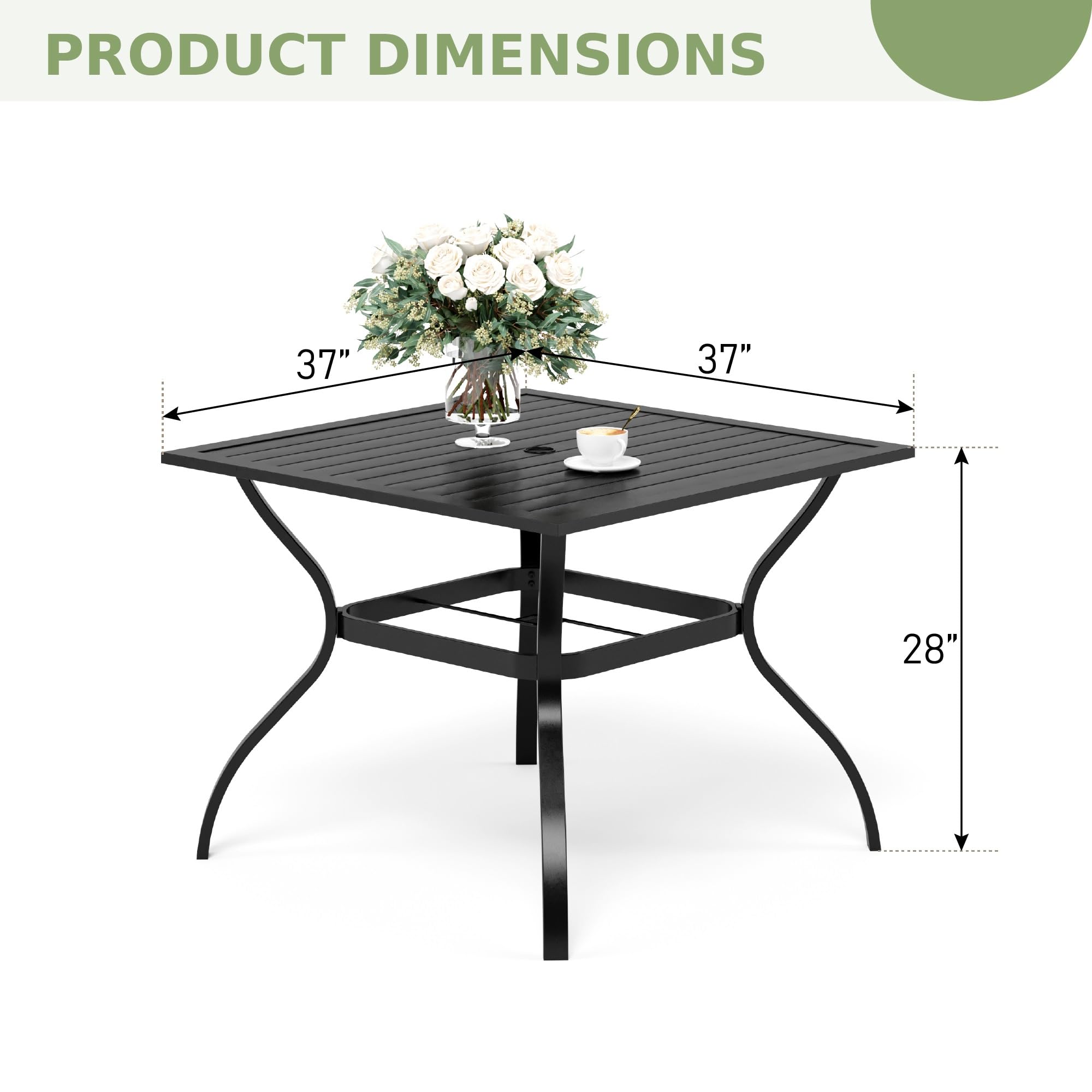 PHI VILLA 37 Inch Square Metal Patio Dining Table - Black Steel Outdoor Bistro Table with 1.57