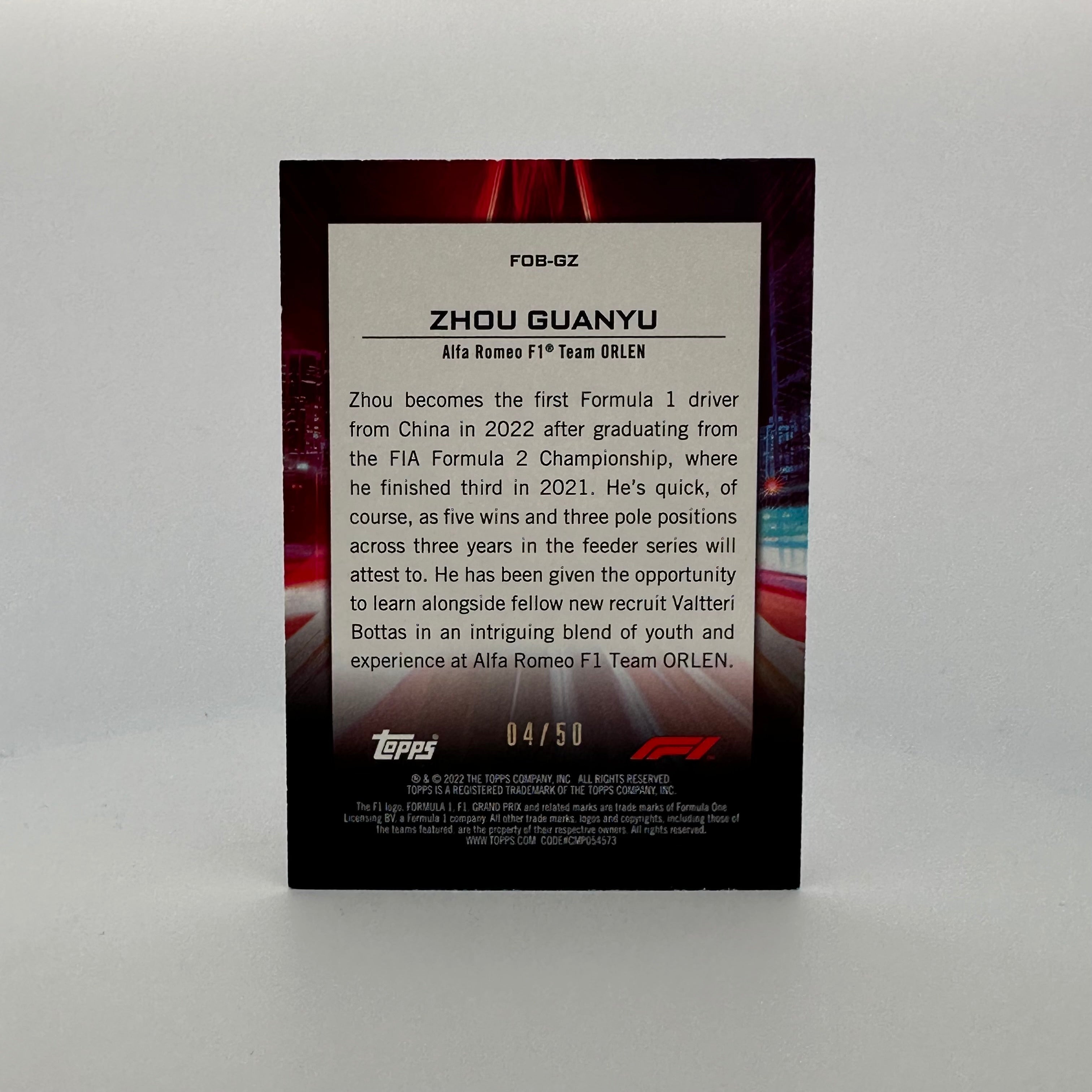 Zhou Guanyu #FOBZG Flash Of Brilliance Gold Collectible F1 Racing Memorabilia - Perfect for Motorsport Fans, Display, and Gift Giving