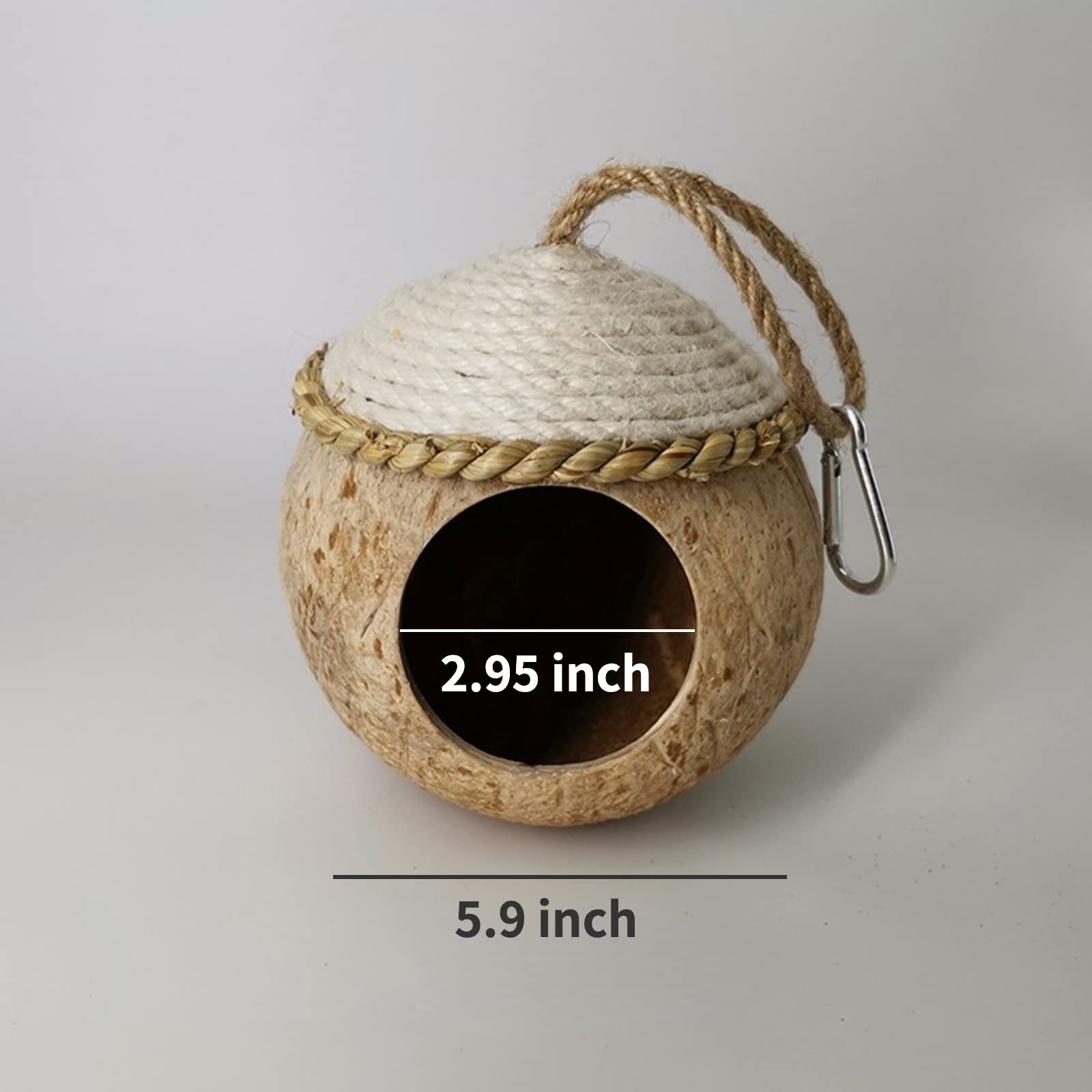 Natural Coconut Shell Bird Nest House - Handmade Simulation Birdhouse for Parakeets, Canaries & Small Birds - Eco-Friendly Grass & Straw Rope Design - Perfect for Cage Decoration & Bird Breeding