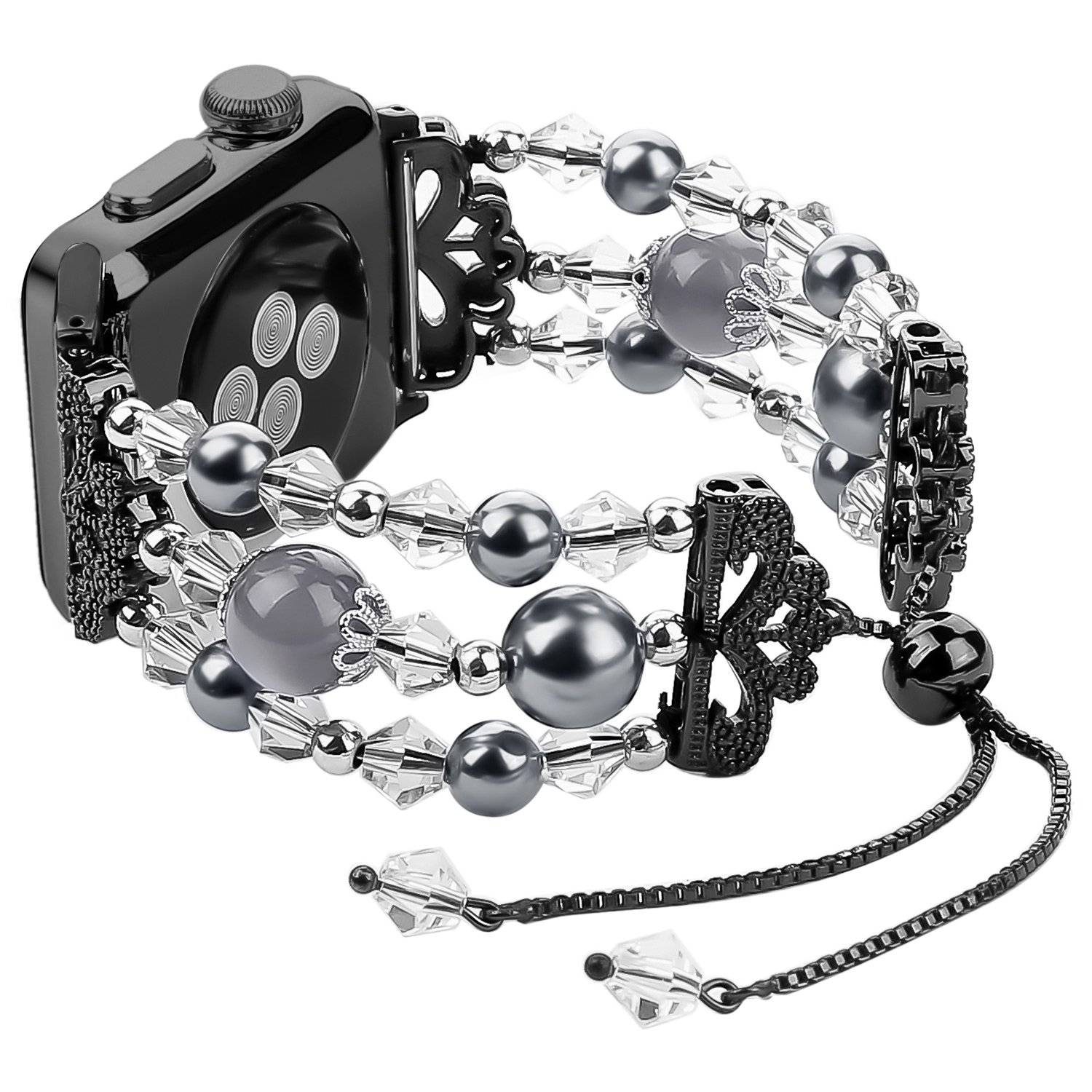 TOMAZON Crystal Pearl Bracelet Bands for Apple Watch 45mm 44mm 42mm - Compatible with Series 7/6/5/4/3/2/1/SE - Handmade Adjustable Jewelry Wristbands for Women - Black | Perfect for Work, Parties & Special Occasions