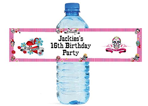 100 Pack Day of The Dead Water Bottle Labels - Dia De Los Muertos Party Decorations for Halloween, Weddings, Birthdays & Bridal Showers - Sugar Skull Themed Stickers for Bottles, Jars & Cups