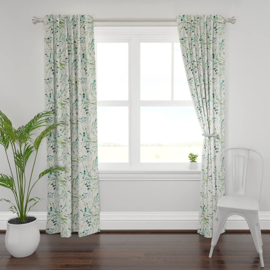 Custom Botanical Boho Floral Print Curtain Panel - 108 Inch Linen Cotton Canvas Window Treatment in Spring Greens & White | Perfect for Living Room, Bedroom & Boho Home Decor