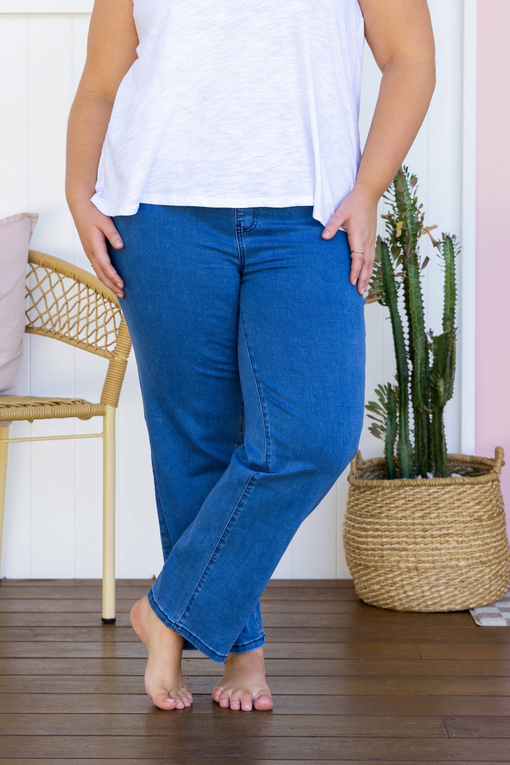 Lara Pull-On Jeans for Women - Mid Blue Denim Stretch Pants - Comfortable & Stylish for Casual Wear, Office, and Travel